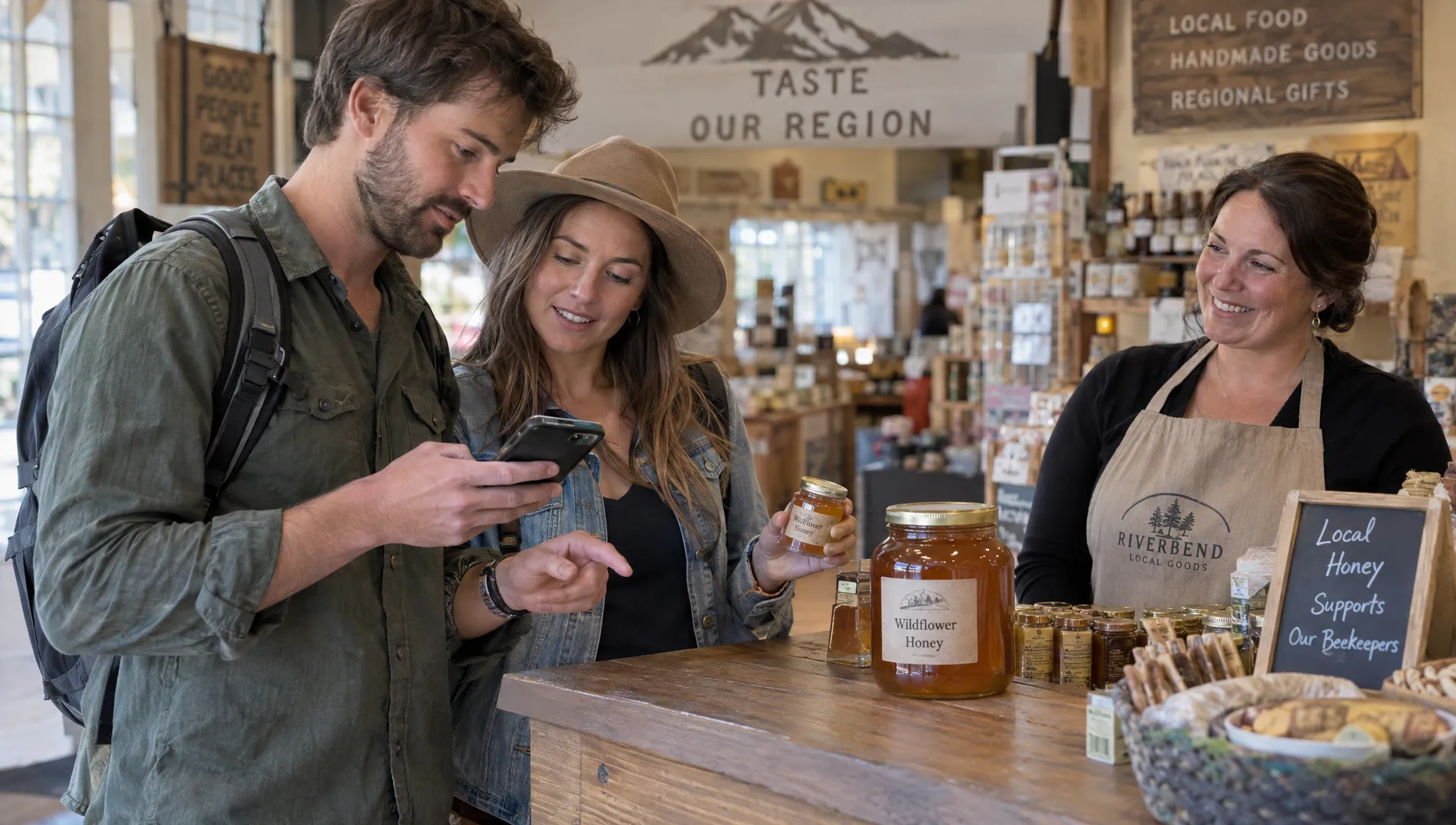 Travel companions compare two jars of local honey at a market counter before choosing a gift that fits their flight's liquid restrictions.