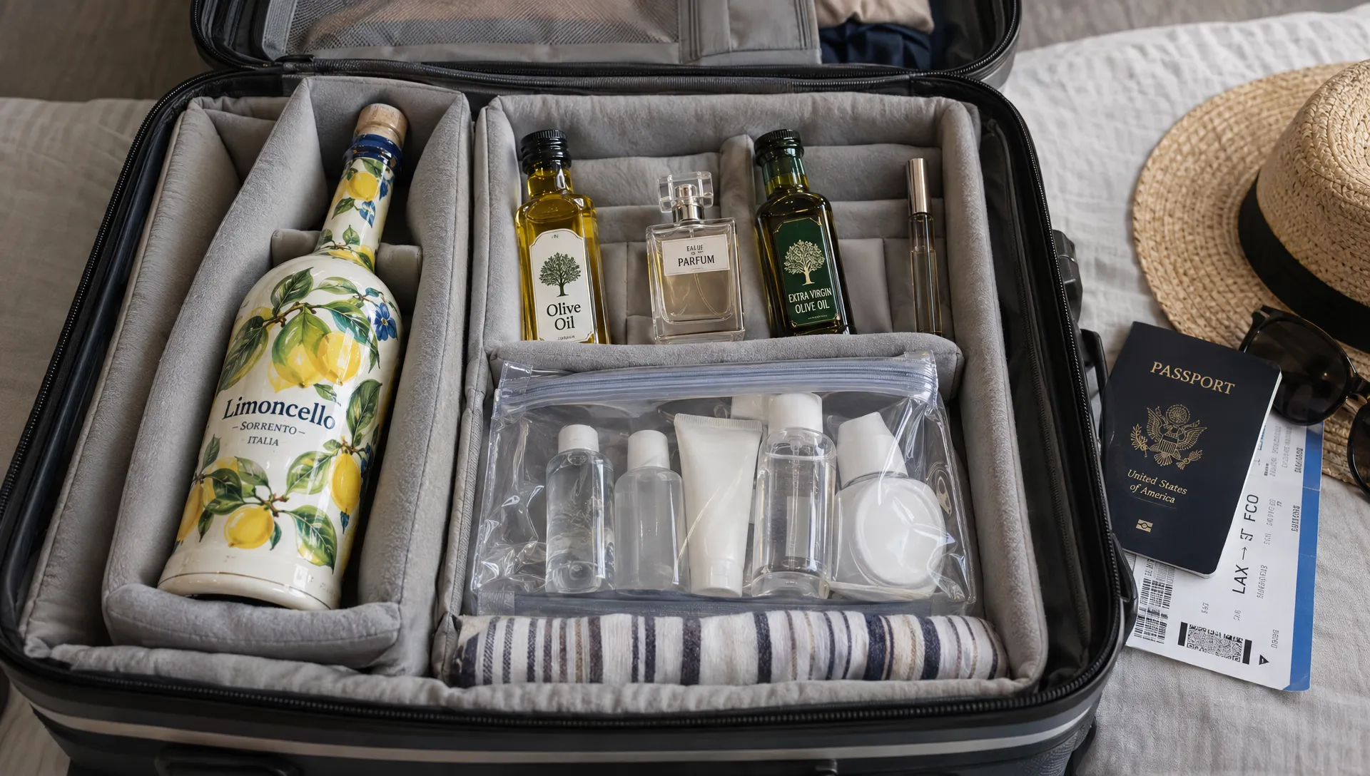 A suitcase holds a cushioned large souvenir bottle beside miniature perfume and olive oil bottles and a clear liquids bag, showing carry-on and checked-baggage gift options.