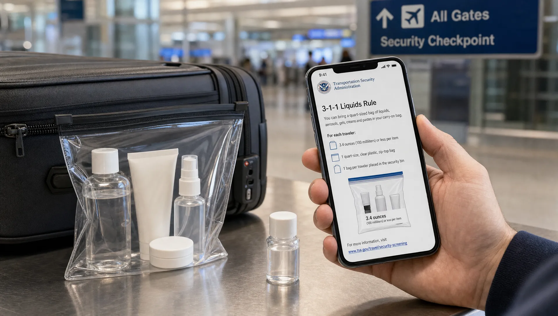 A clear toiletries bag and small containers sit beside a suitcase as airport security guidance is checked before a flight.
