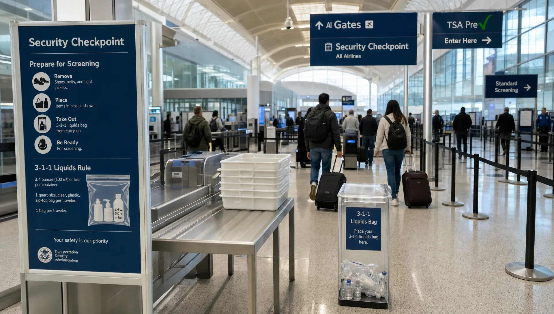 A modern airport security area shows where liquid rules are enforced at the checkpoint.