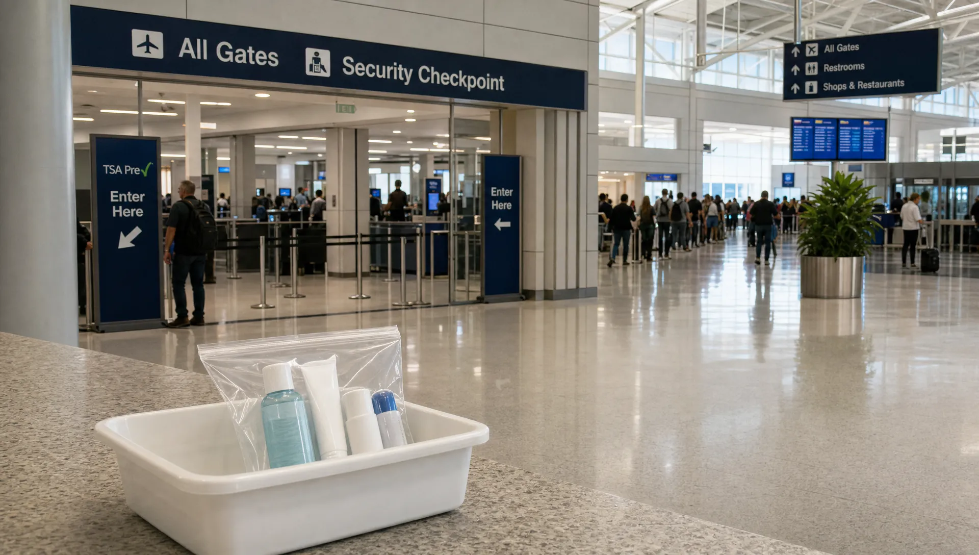 A modern airport departures concourse appears beside a small tray with travel toiletries and a clear liquids bag.