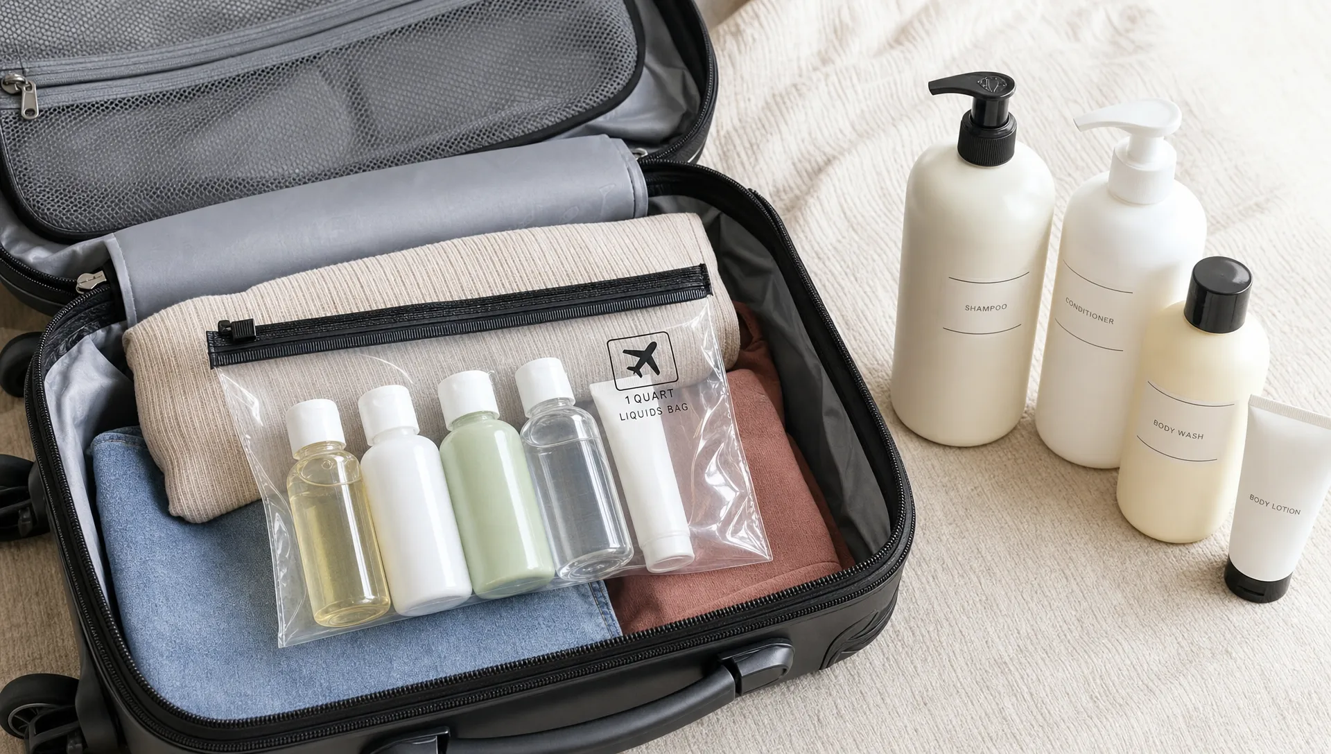 An overhead packing scene with small 100ml toiletry bottles inside a clear resealable liquids bag on an open suitcase, while larger full-size bottles are grouped separately for checked baggage beside it.