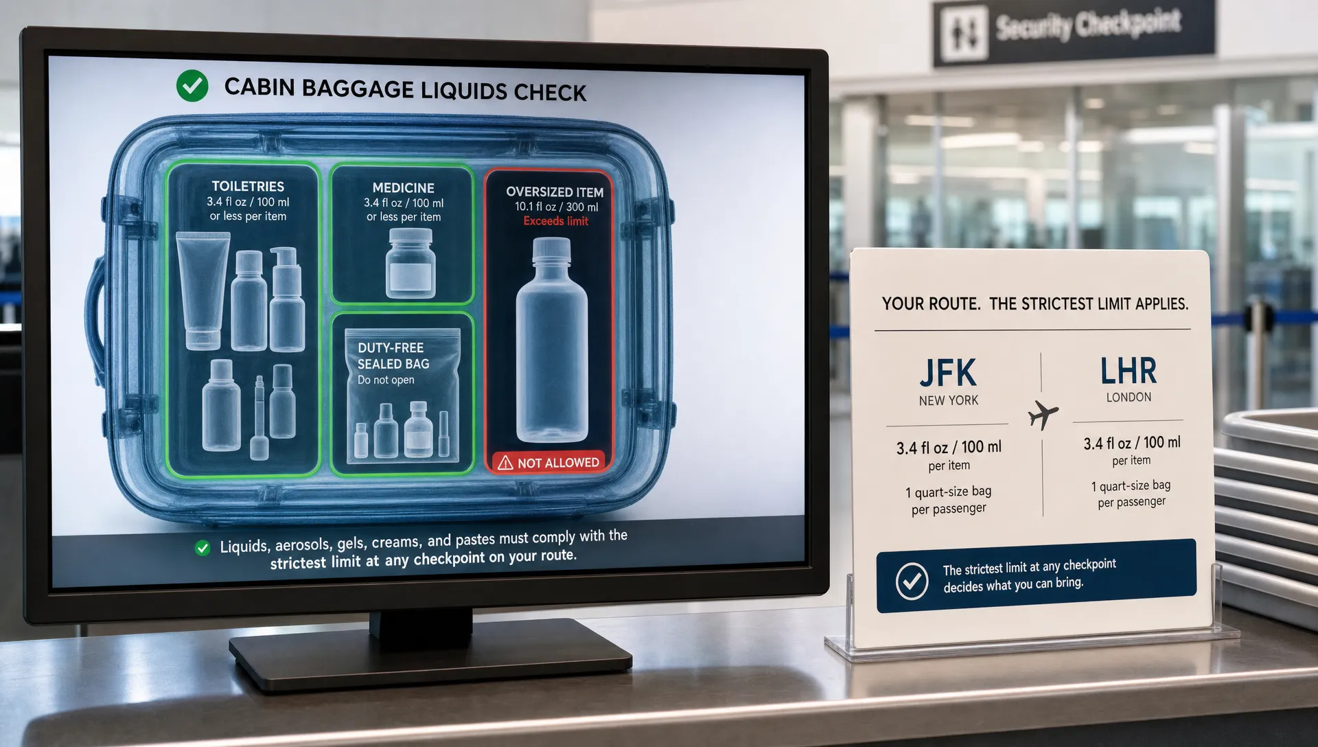 A landscape scene of a clean airport x-ray style display showing a carry-on bag outline with liquid items highlighted in separate compartments: small toiletry bottles, a medicine bottle, a duty-free sealed bag, and one oversized bottle flagged beside it. A route card with two airport names and different liquid limits sits next to the screen on a simple counter, with no person centered in the frame, emphasizing that the strictest checkpoint on the trip decides what can go in cabin baggage.