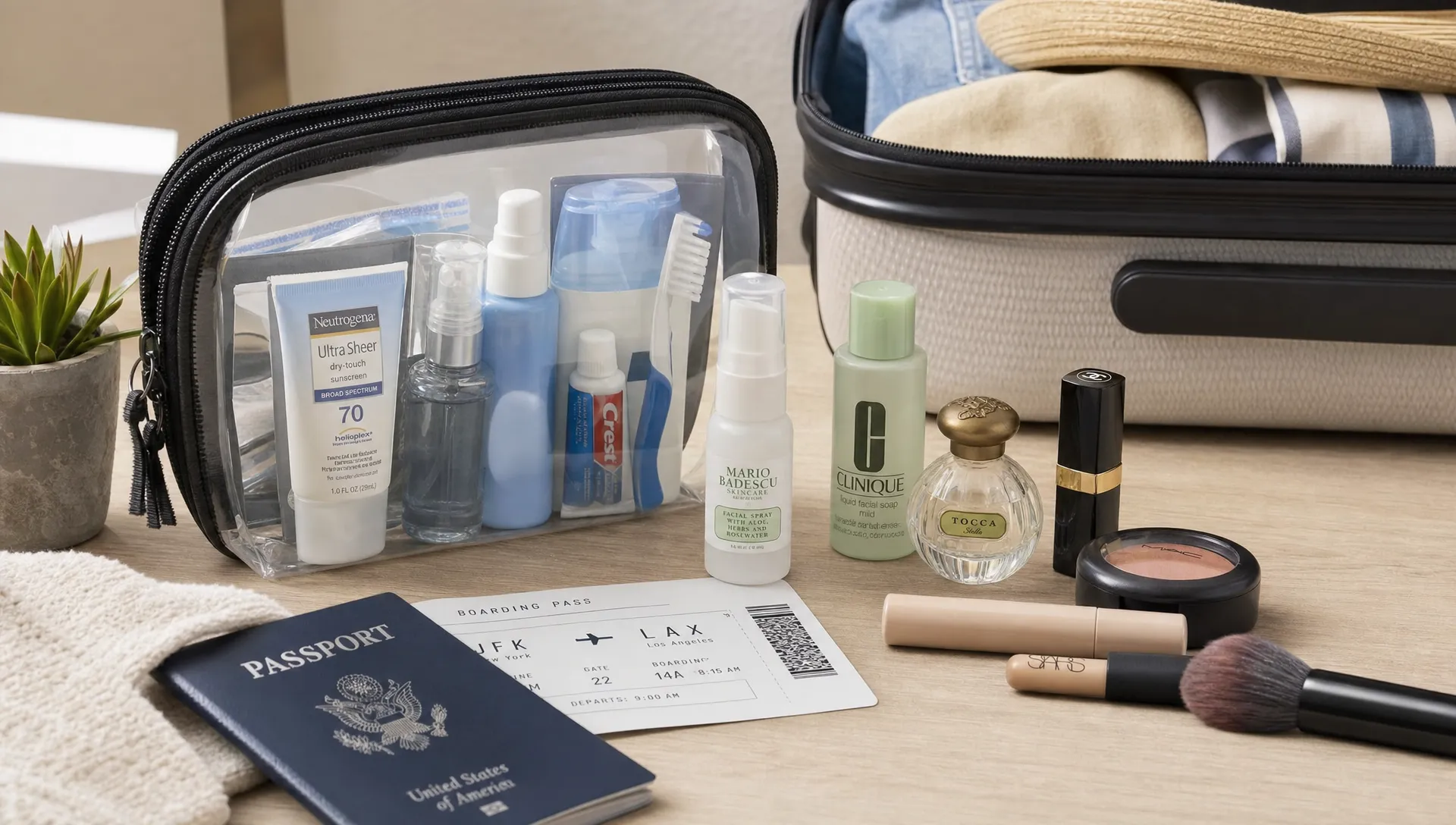 A clear resealable toiletry bag on a packing table with small travel-size bottles, sunscreen, toothpaste, perfume, and makeup arranged beside a boarding pass and open suitcase.