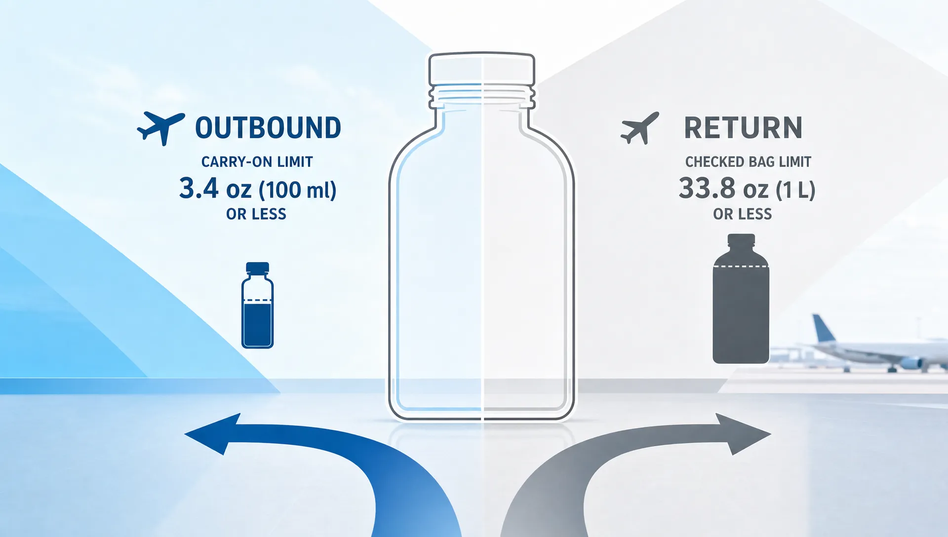 A clean landscape composition built from bold, simple airport-rule shapes: a large outlined liquid bottle split into two halves, one marked by a small container silhouette and the other by a larger container silhouette, with two route arrows curving in opposite directions beneath it. The background is open and minimal, using layered geometric panels and plenty of negative space to communicate different liquid limits for outbound and return flights without showing a room or checkpoint.