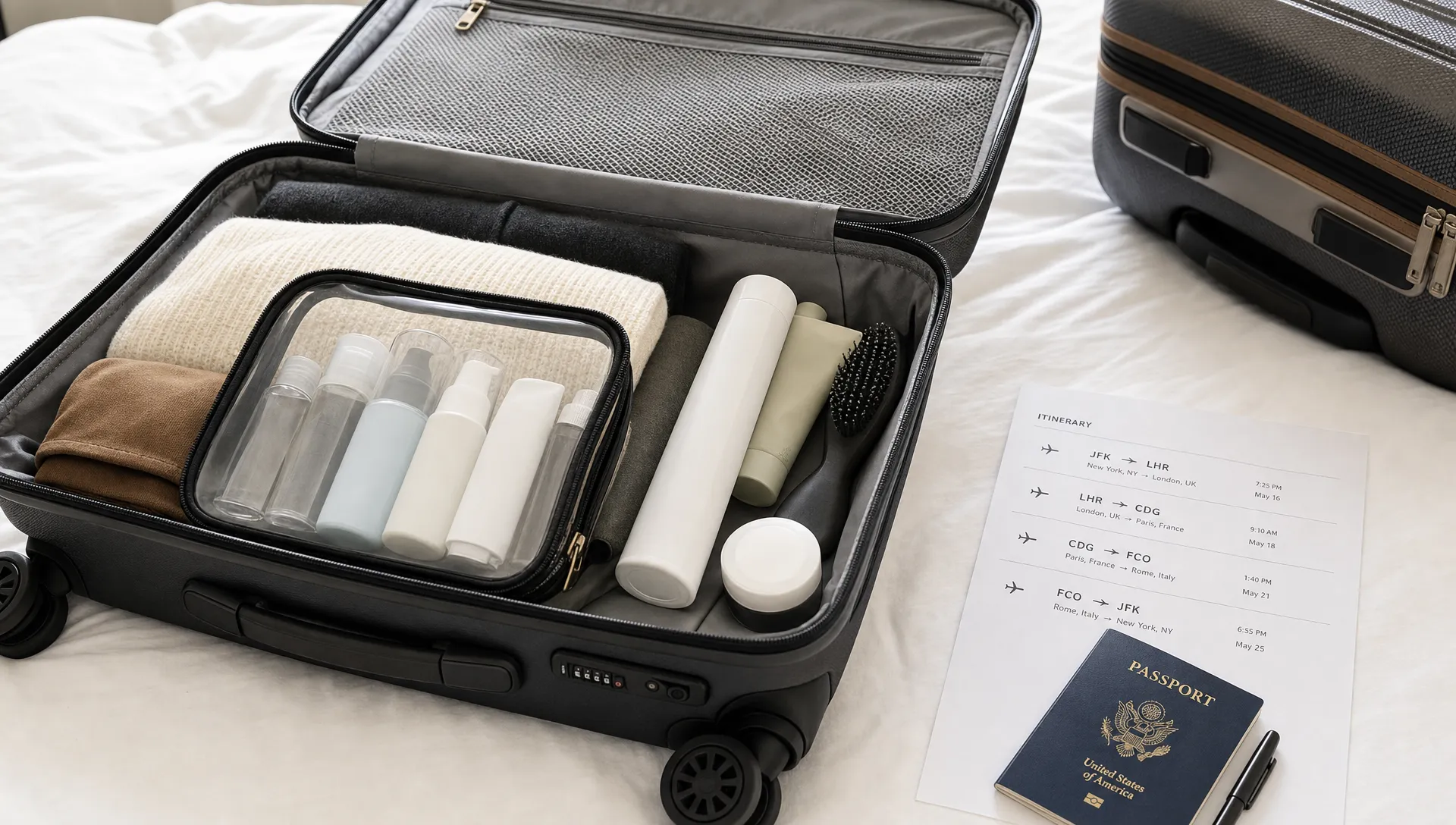 An open carry-on on a bed holds travel-size bottles in a clear bag beside larger toiletries, a checked suitcase, and a multi-airport itinerary.