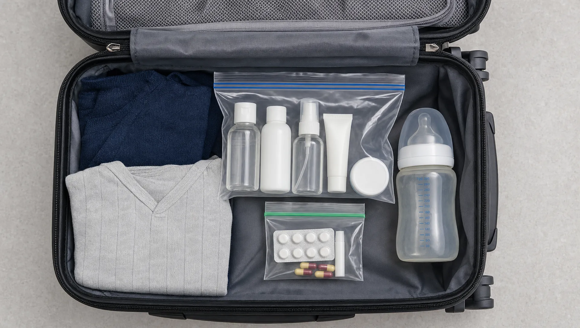 An open carry-on suitcase viewed from above with a clear resealable liquids bag holding travel-size toiletries, a small medicine pouch, and a baby bottle set apart for airport security screening.