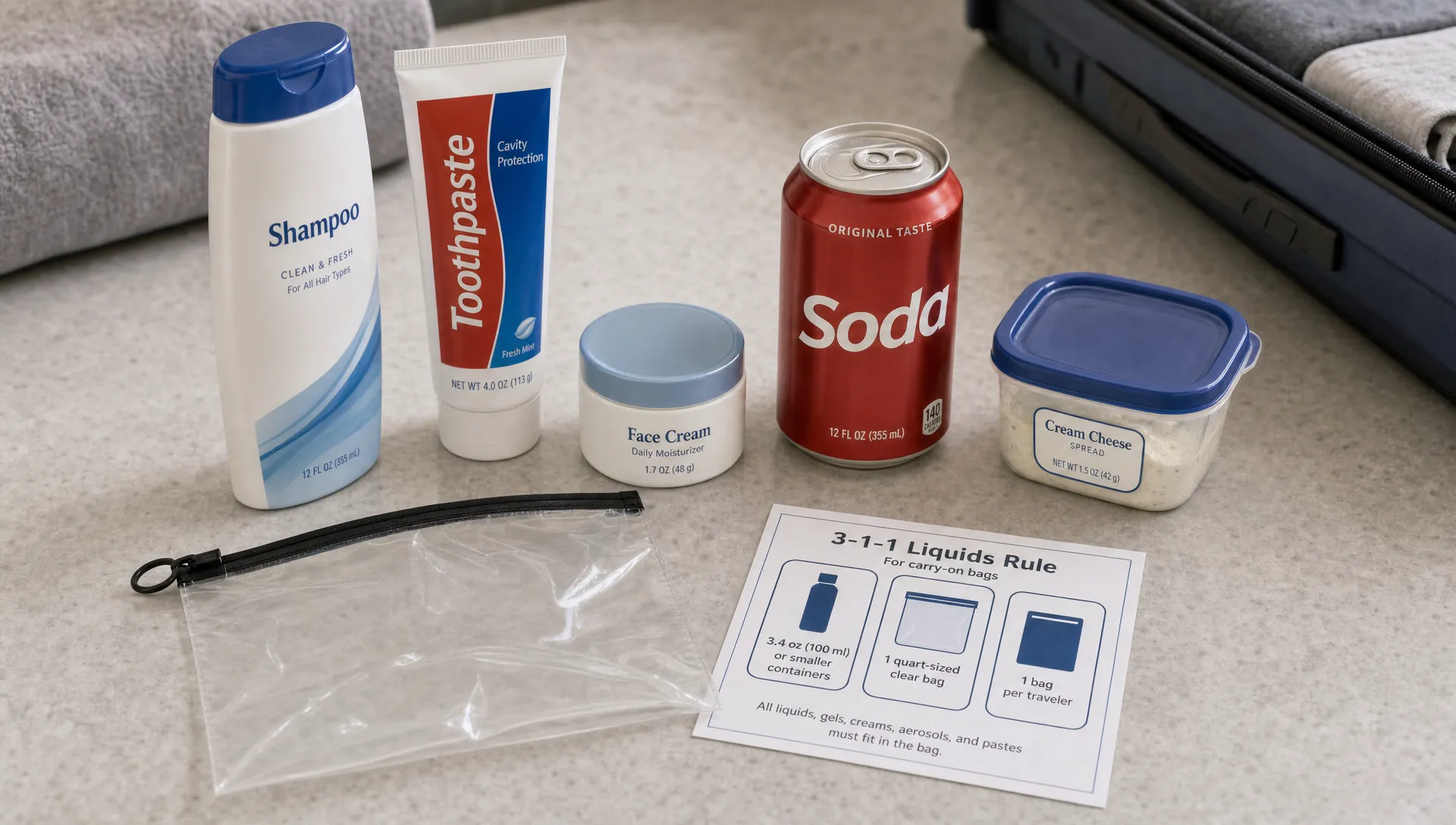 A landscape scene of a countertop with several everyday liquids and semi-liquids arranged in a clear sorting decision: a shampoo bottle, toothpaste tube, face cream jar, soda can, and a small food spread container, with one small clear liquids bag open beside them and a simple airport security checklist card nearby. The setting is a neutral home packing surface with no airport signage, making the image feel like a practical pre-trip decision about what counts as a liquid before heading to the checkpoint. No dominant person in the frame.