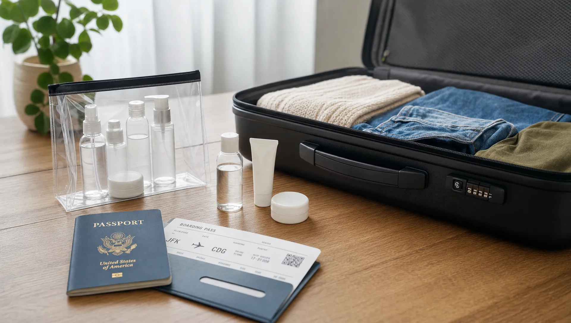 A packing table with small toiletry bottles, a transparent resealable liquids bag, travel documents, and an open suitcase, arranged before a flight within Europe.