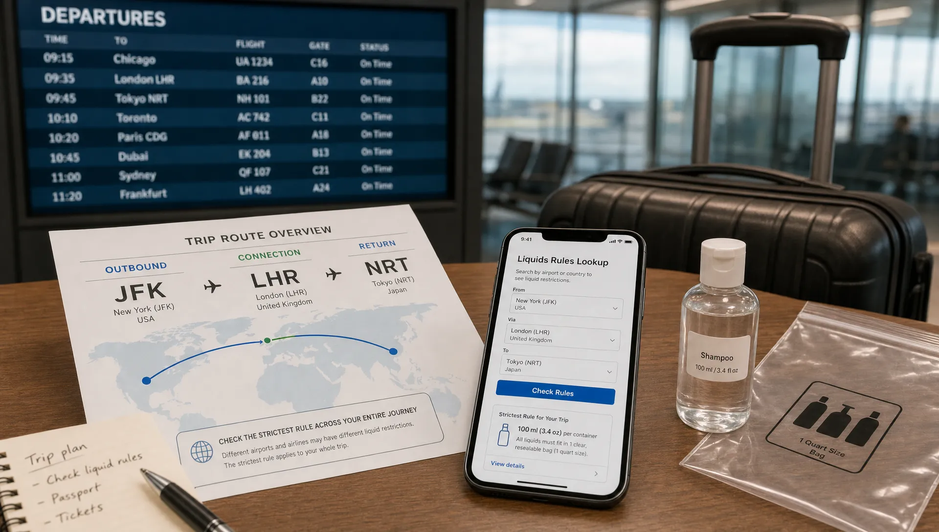 A landscape scene of an airport route-planning desk with a printed trip map showing outbound, connection, and return airports, a smartphone face up with a liquids rule lookup page on screen, and a single small 100ml travel bottle beside a transparent resealable liquids bag. The background includes a softly focused airport departures board and a suitcase handle, making the image feel like checking the strictest liquid rule for the whole journey rather than packing toiletries at home or showing a checkpoint inspection.