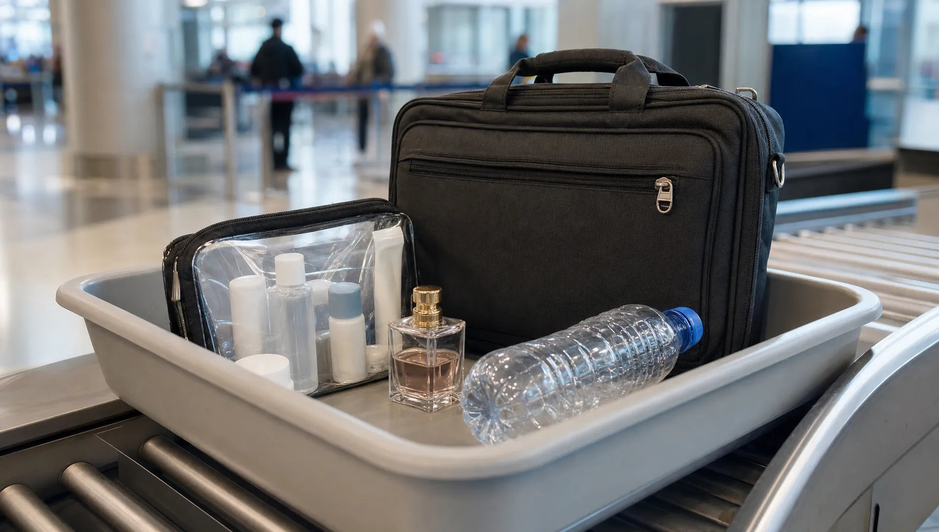 A security tray at an EU airport checkpoint holds a clear toiletries bag, a small perfume bottle, a carry-on bag and an empty water bottle.