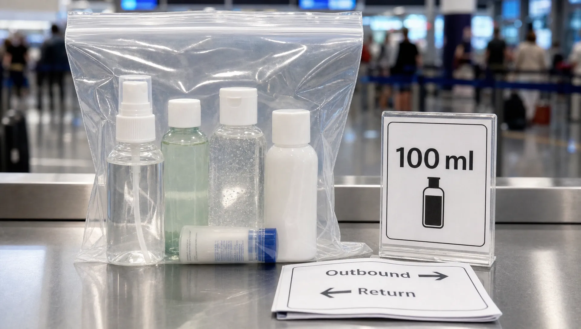 A clear liquids bag, 100 ml marker and route slip sit together on an airport counter.