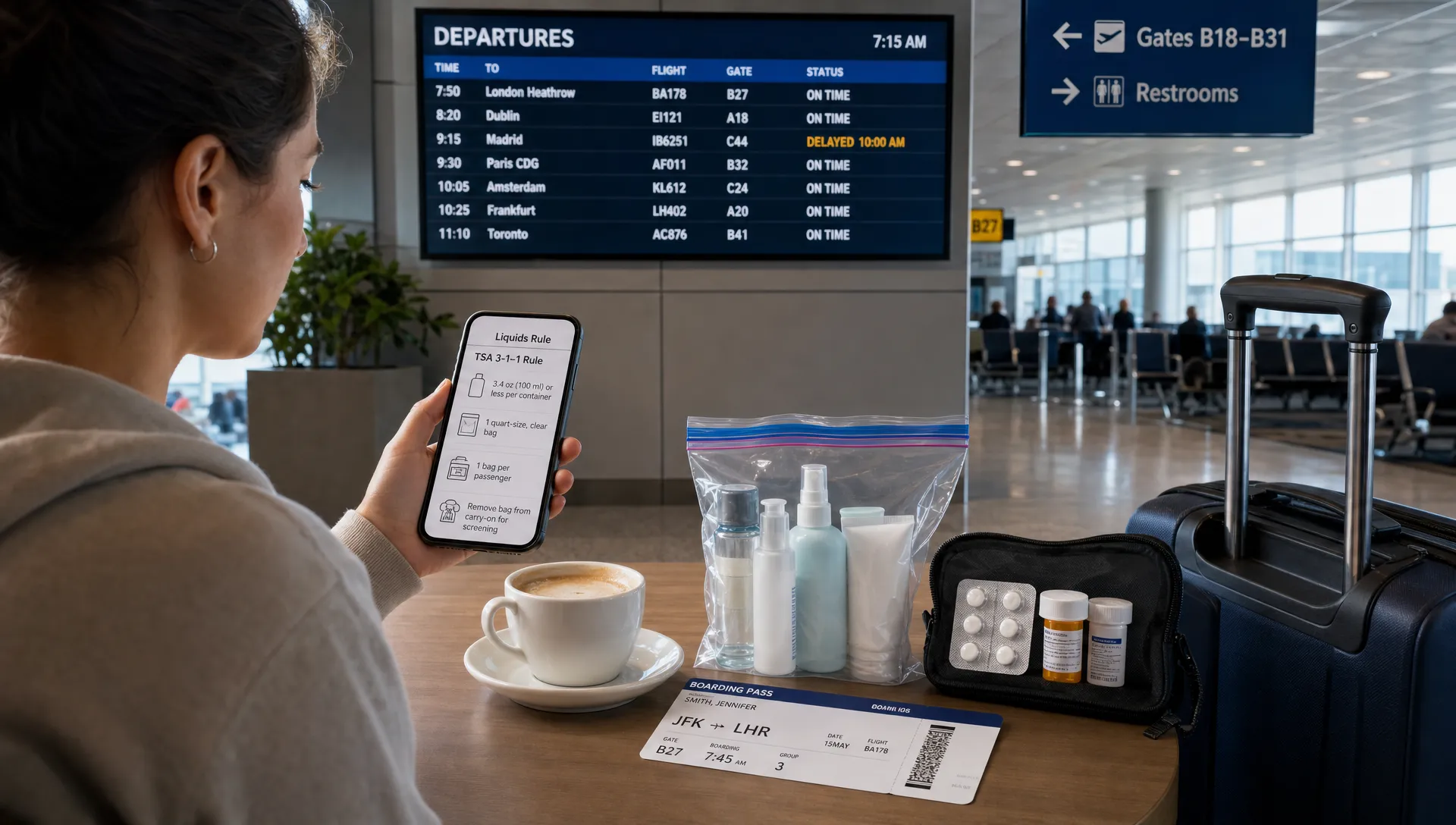 A landscape scene inside a bright airport departure lounge showing a traveler at a small café table comparing a phone screen with airport liquid rule notes, while a clear resealable liquids bag with small toiletry bottles, a separate pouch with medication, and a boarding pass sit beside a coffee cup and carry-on suitcase. In the background, an overhead departures board and distant gate seating suggest checking the strictest rule before a trip with a transfer or return flight.