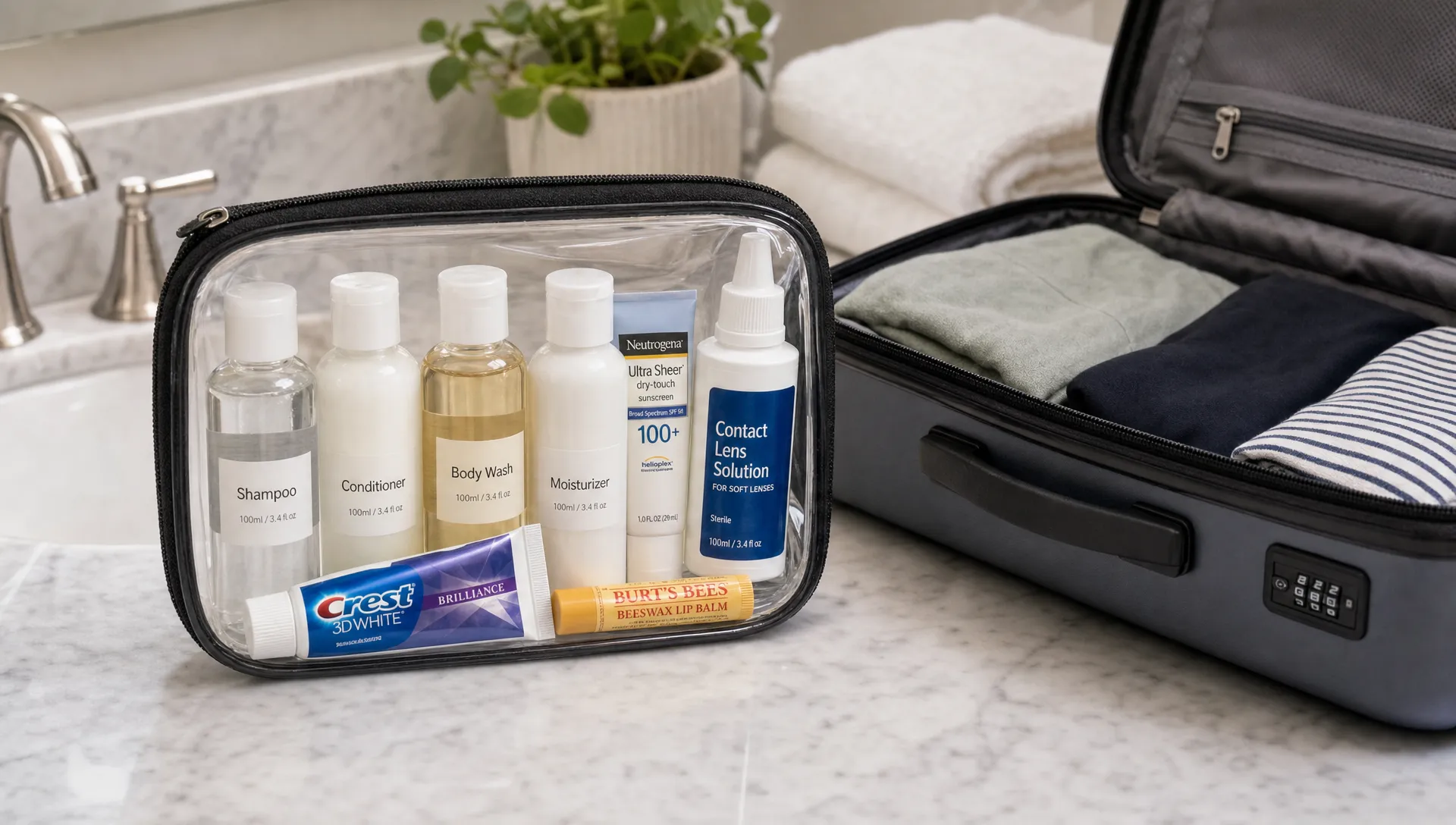 A clear resealable toiletries bag packed neatly with small 100ml travel bottles, toothpaste, lip balm, sunscreen, and contact lens solution next to an open carry-on suitcase on a bathroom counter.