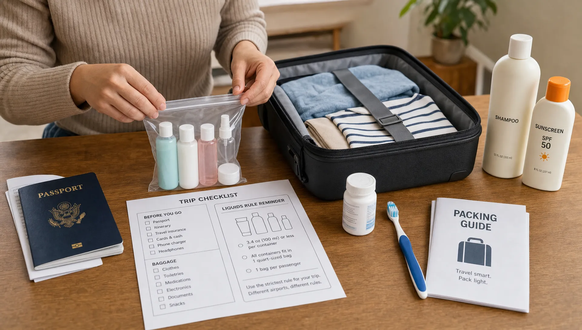 A landscape scene inside a bright home packing area with a traveler’s hands arranging a clear resealable liquids bag, a passport, and a printed trip checklist beside an open carry-on suitcase. Small travel bottles, a compact medicine bottle, a toothbrush, and a folded packing guide are grouped neatly on the table, while a full-size shampoo bottle and a larger sunscreen bottle sit separately farther back to show what is left out. The composition should emphasize checking the strictest rule for a trip with different airports, using a calm, organized packing setup with no airport signage or screens visible.