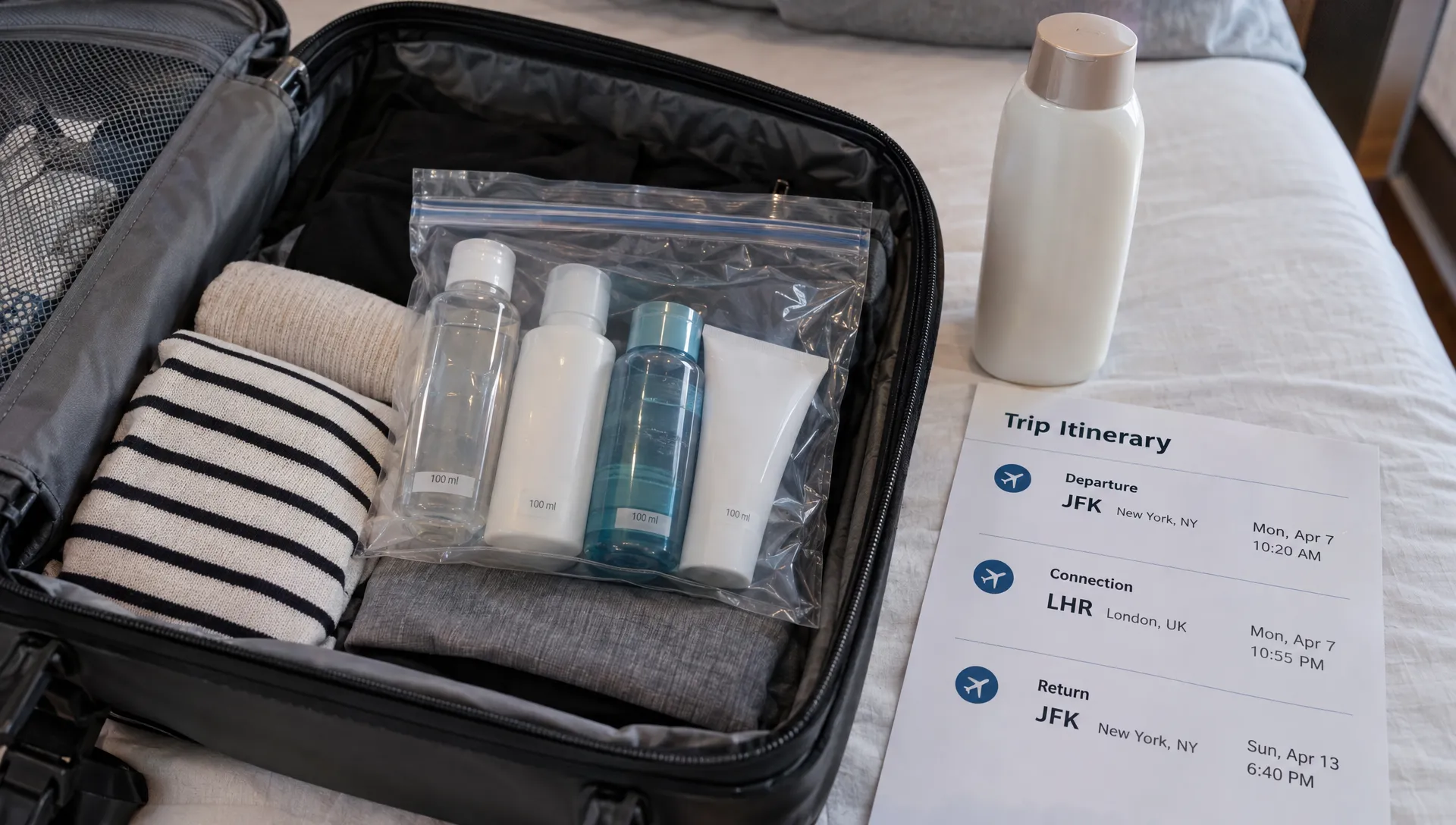 An open cabin bag contains a clear resealable bag of 100 ml toiletries beside a route itinerary listing departure, connection and return airports, with a larger bottle set aside.