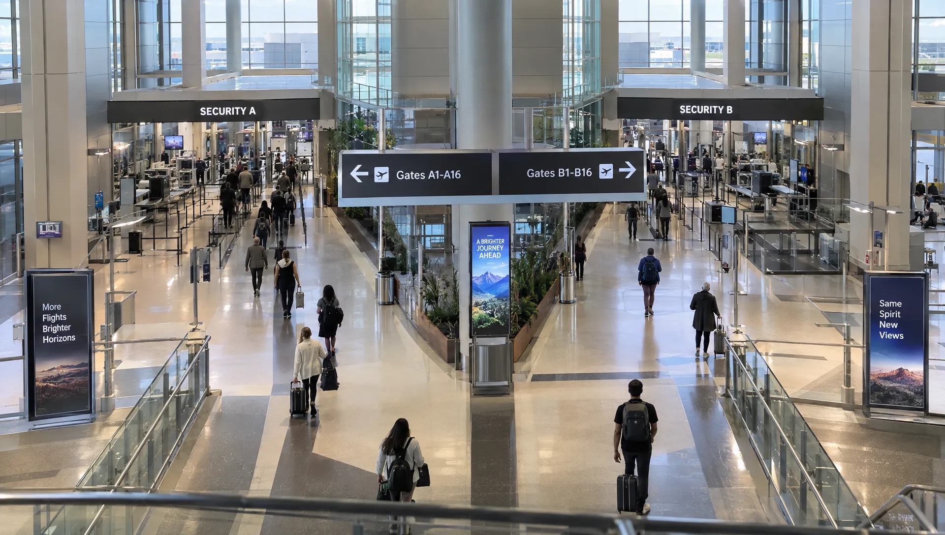 Passengers move through connected airport corridors toward separate security lanes, illustrating how liquid rules can change between checkpoints.