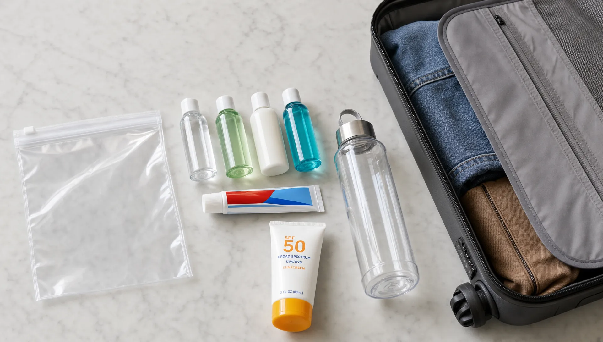 A clear resealable liquids bag beside an open carry-on suitcase, with small 100ml toiletry bottles, sunscreen, toothpaste, and an empty reusable water bottle laid out for airport security.