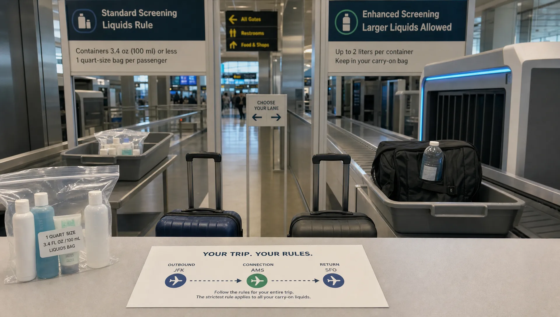 A landscape scene of two small suitcase wheels crossing a split airport checkpoint path: one side shows a classic 100ml liquids inspection area with a few tiny toiletry bottles in a clear bag, while the other side shows a newer scanner lane with a larger travel bottle still inside a cabin bag. A route card with outbound, connection, and return arrows lies on a clean counter in the foreground, making the image feel like a trip-wide decision about the strictest liquid rule rather than a packing table.