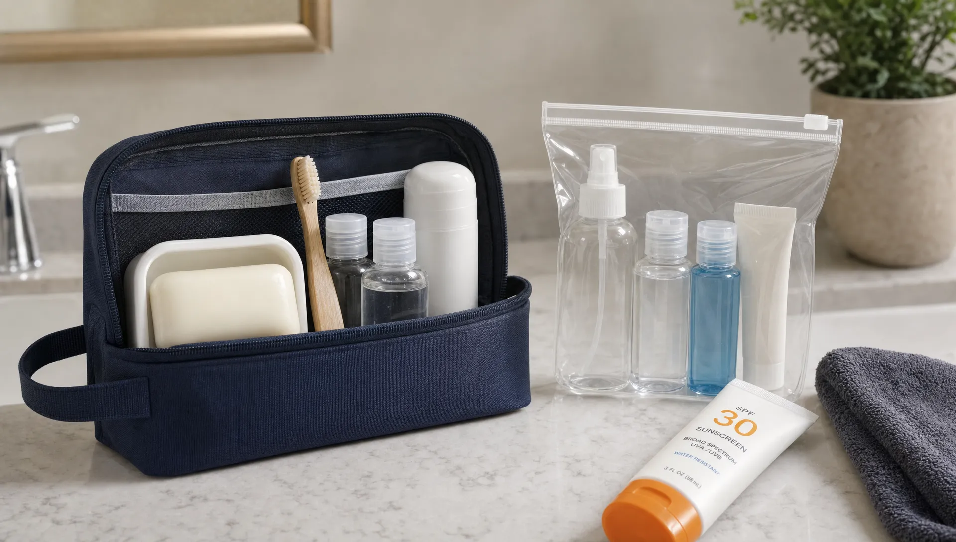 A neatly packed travel toiletry kit on a bathroom counter with solid soap, a toothbrush, small clear bottles, sunscreen, deodorant, and a transparent resealable liquids bag ready for airport security.