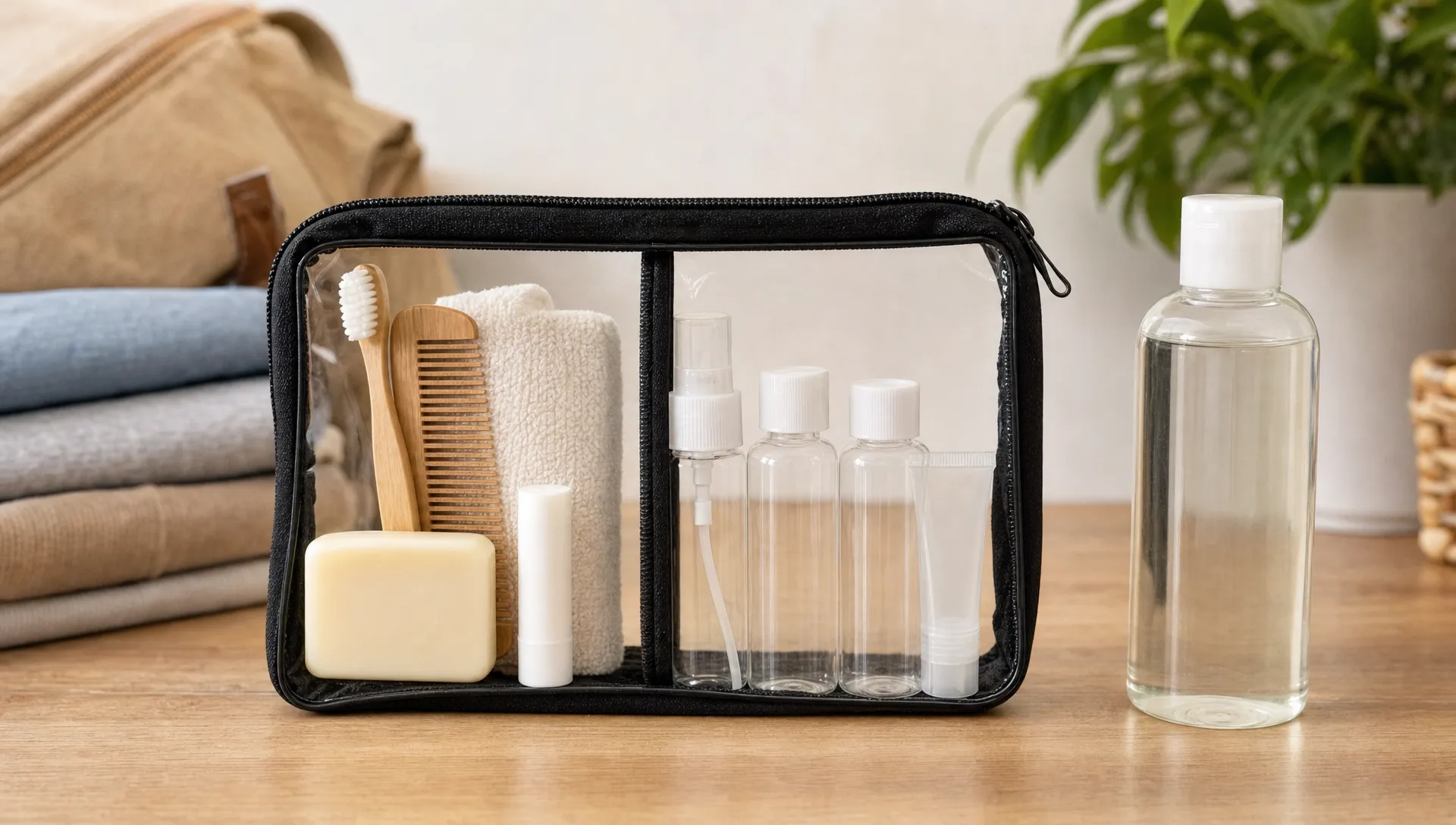 A landscape scene of a neatly packed toiletry kit split into two clear choices: on one side, solid items like a soap bar, toothbrush, comb, and lip balm; on the other, small compliant liquid containers gathered beside a larger full-size bottle held back from the main bag. The frame uses a simple tabletop arrangement with the clear liquids bag centered and a calm home packing setting, no airport interior and no dominant person.