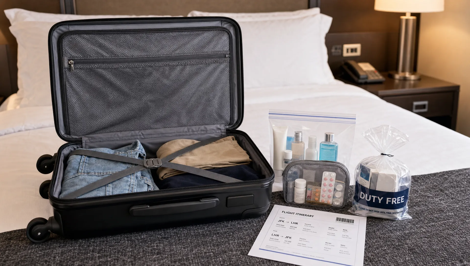 Open carry-on suitcase on a hotel bed with a clear resealable liquids bag, travel-size toiletries, a medicine pouch, and a sealed duty-free bag arranged beside a printed flight itinerary, viewed from the side with the bag open toward the camera.