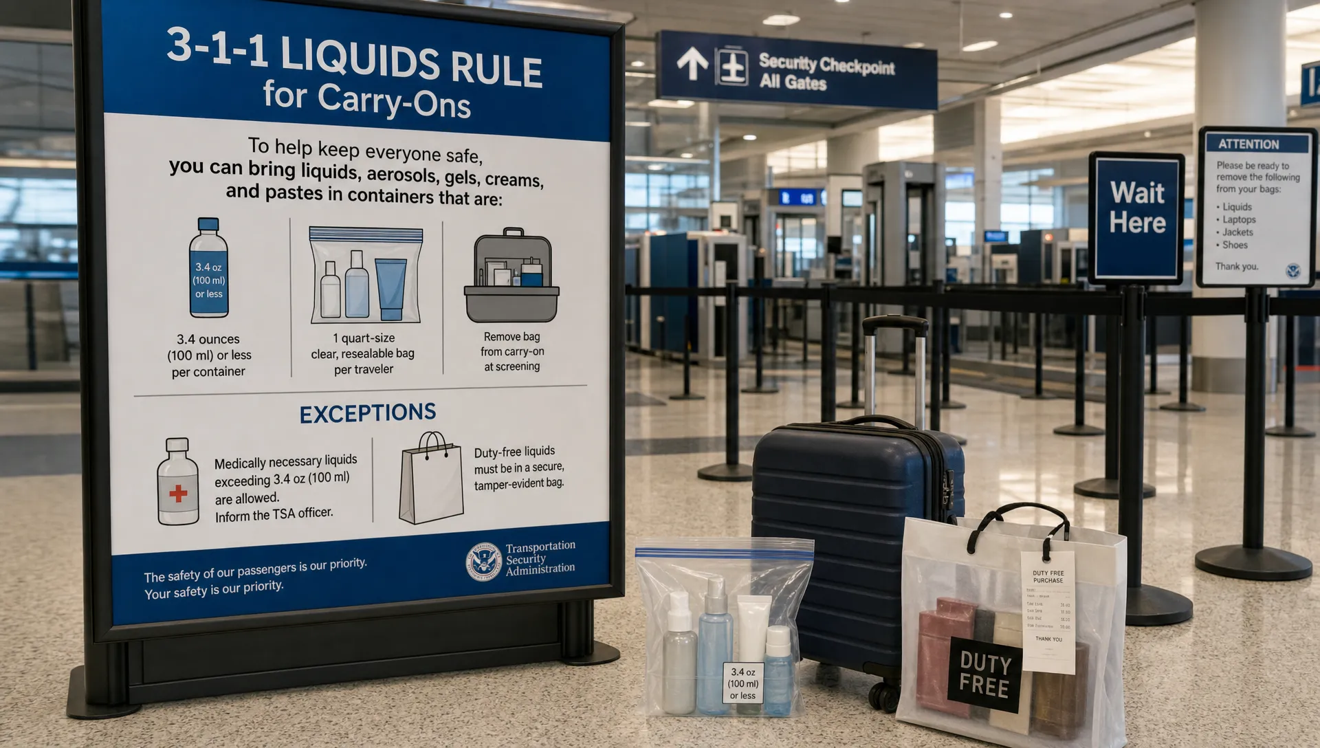 A landscape scene of a large airport rule notice board at a security checkpoint, with simple illustrated icons for liquids, aerosols, gels, and duty-free bags, plus a small queue area and screening lane in the background. In the foreground, a lone carry-on bag sits beside a clear liquids bag and a sealed shopping bag with a receipt, emphasizing the idea that the strictest checkpoint on the whole trip decides what can pass. No dominant person in the frame.