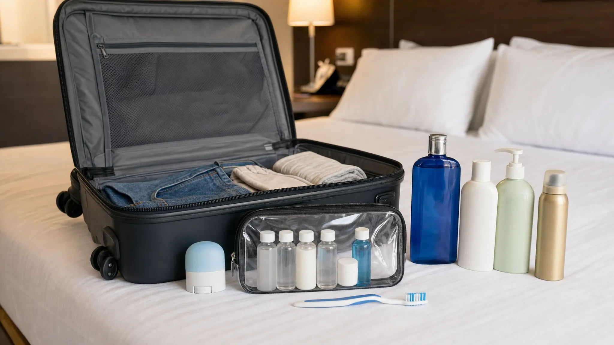 An open cabin suitcase on a hotel bed with a clear resealable toiletries bag, several 100ml travel bottles, solid deodorant, a toothbrush, and a few full-size bottles placed outside the suitcase to show what should go in checked baggage.
