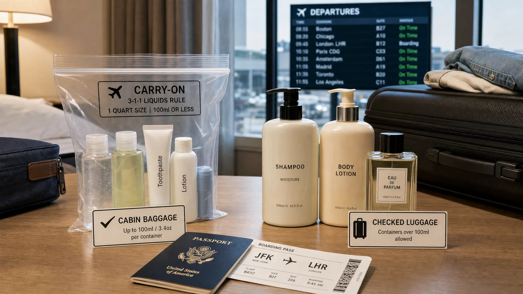 A split-scene airport packing concept on a hotel room table: one side shows a clear resealable liquids bag with travel-size toiletries and a small set of 100ml bottles, while the other side shows full-size shampoo, lotion, and perfume grouped together beside a checked suitcase. A passport and folded boarding pass sit nearby, with a subtle airport departure board in the background, creating a trip-planning scene about choosing what belongs in cabin baggage versus checked luggage.