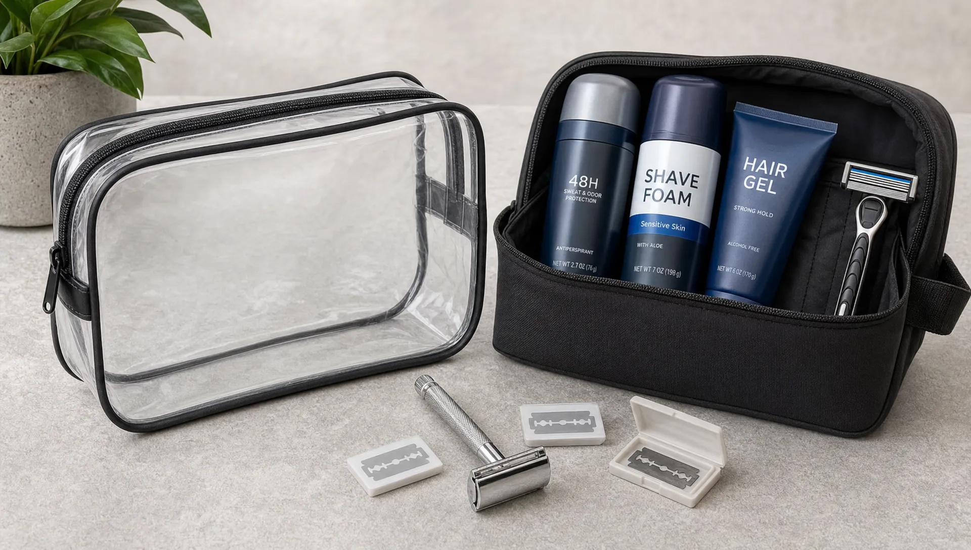 A clear liquids bag sits beside a toiletry pouch with aerosol deodorant, shaving foam, hair gel, a cartridge razor and loose safety razor blades sorted for travel.