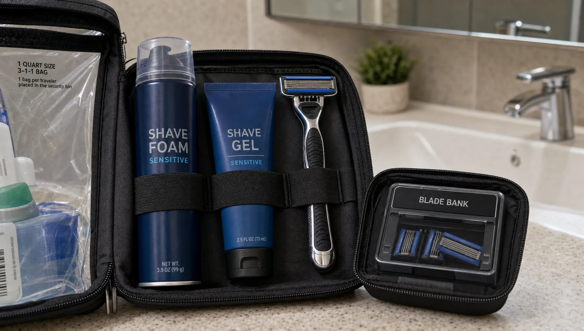 A grooming kit shows a travel aerosol, gel tube, cartridge razor and loose blades separated on a bathroom counter for airport toiletry rules.