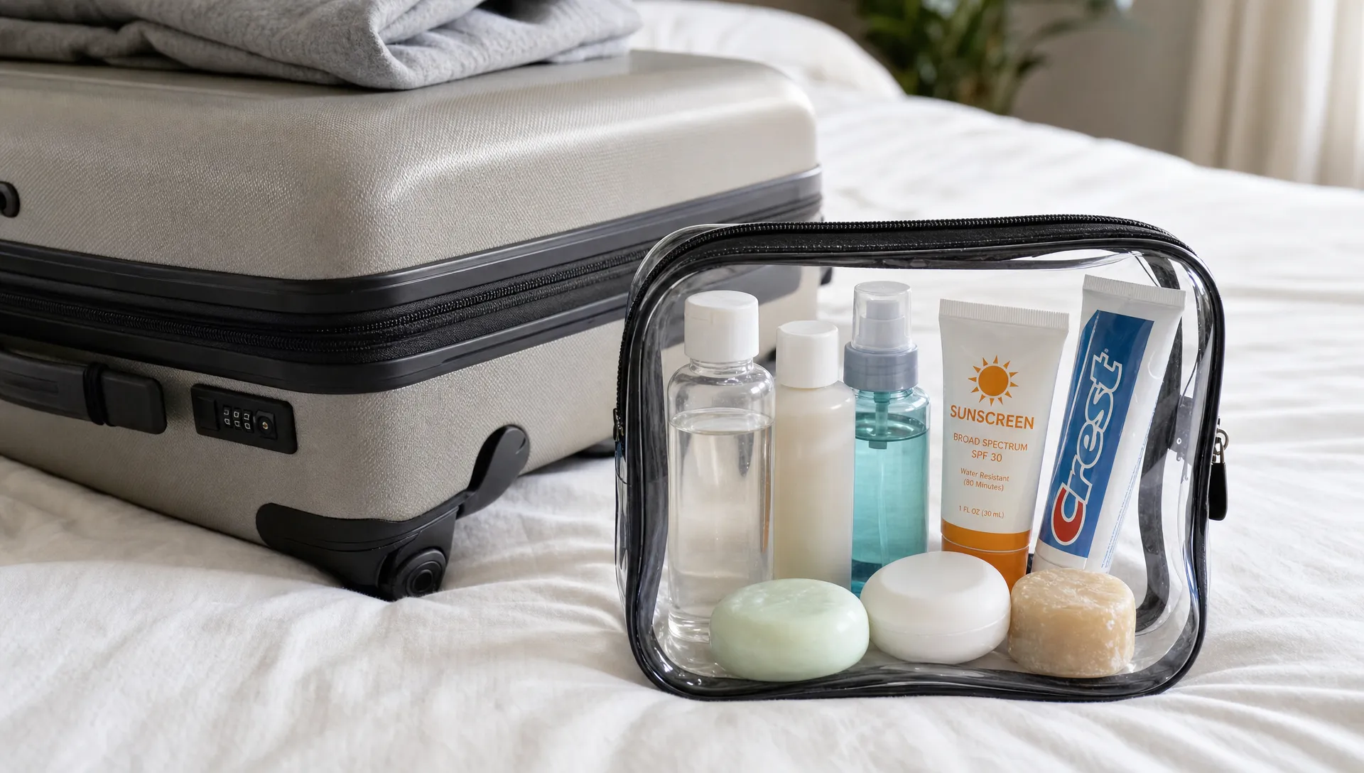 A clear toiletry bag beside a small suitcase holds travel-size bottles, toothpaste, sunscreen, and solid toiletries for a short trip.