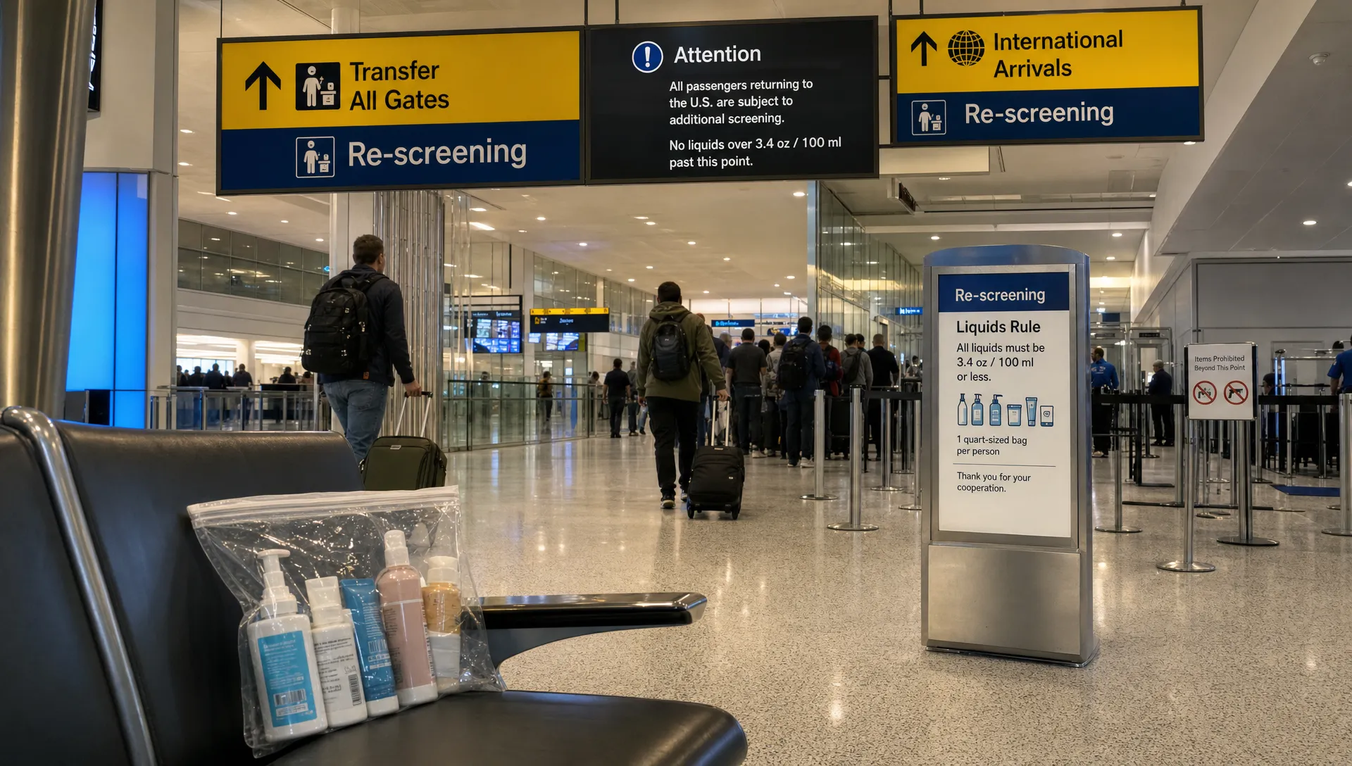 An airport transfer corridor shows a re-screening area and a sealed toiletries bag as travelers pass through.