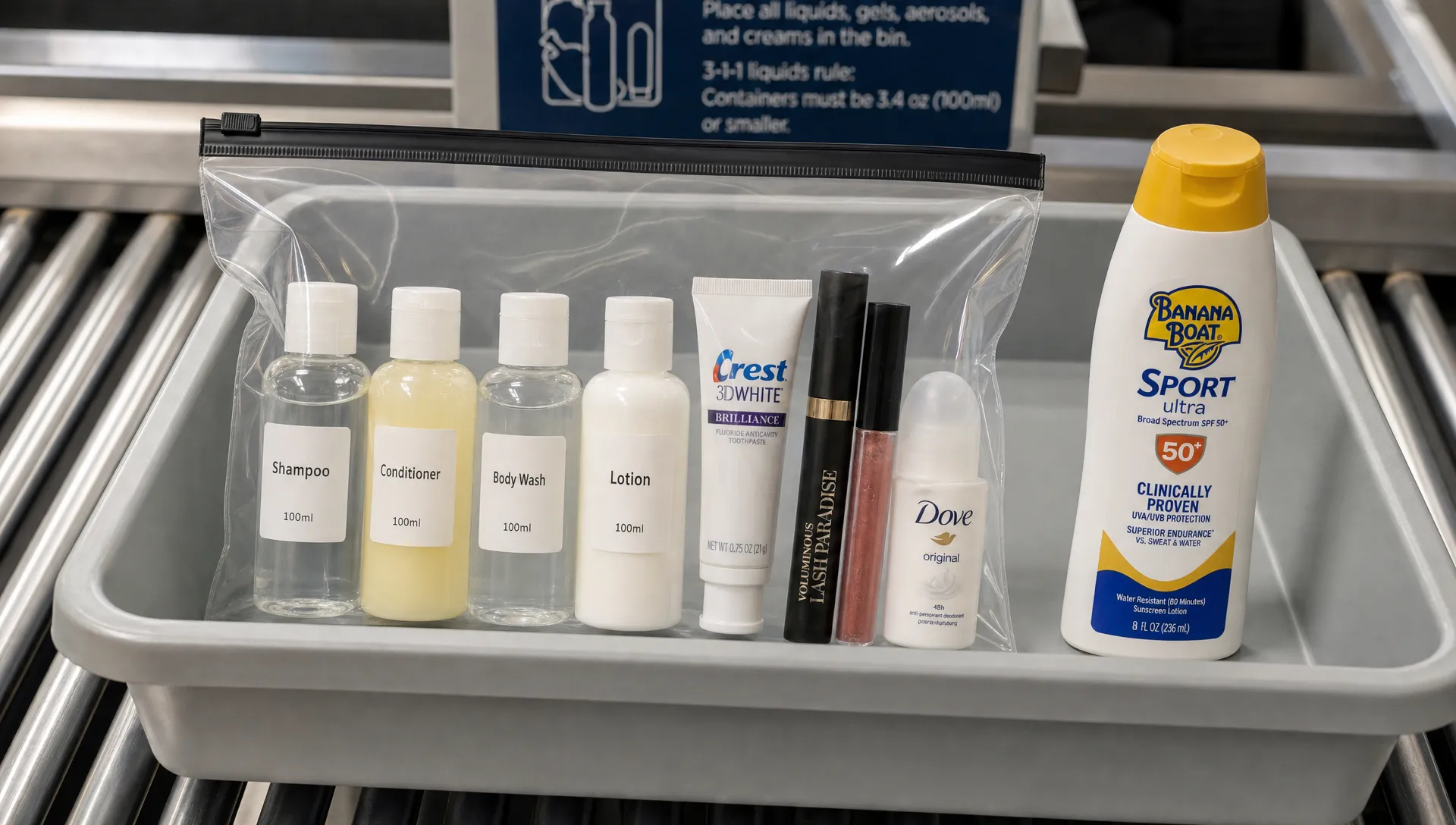 A clear resealable toiletries bag on a security tray containing small labeled 100ml bottles, a toothpaste tube, mascara, lip gloss, and a roll-on deodorant, with a larger sunscreen bottle placed outside the bag to show it exceeds the limit.