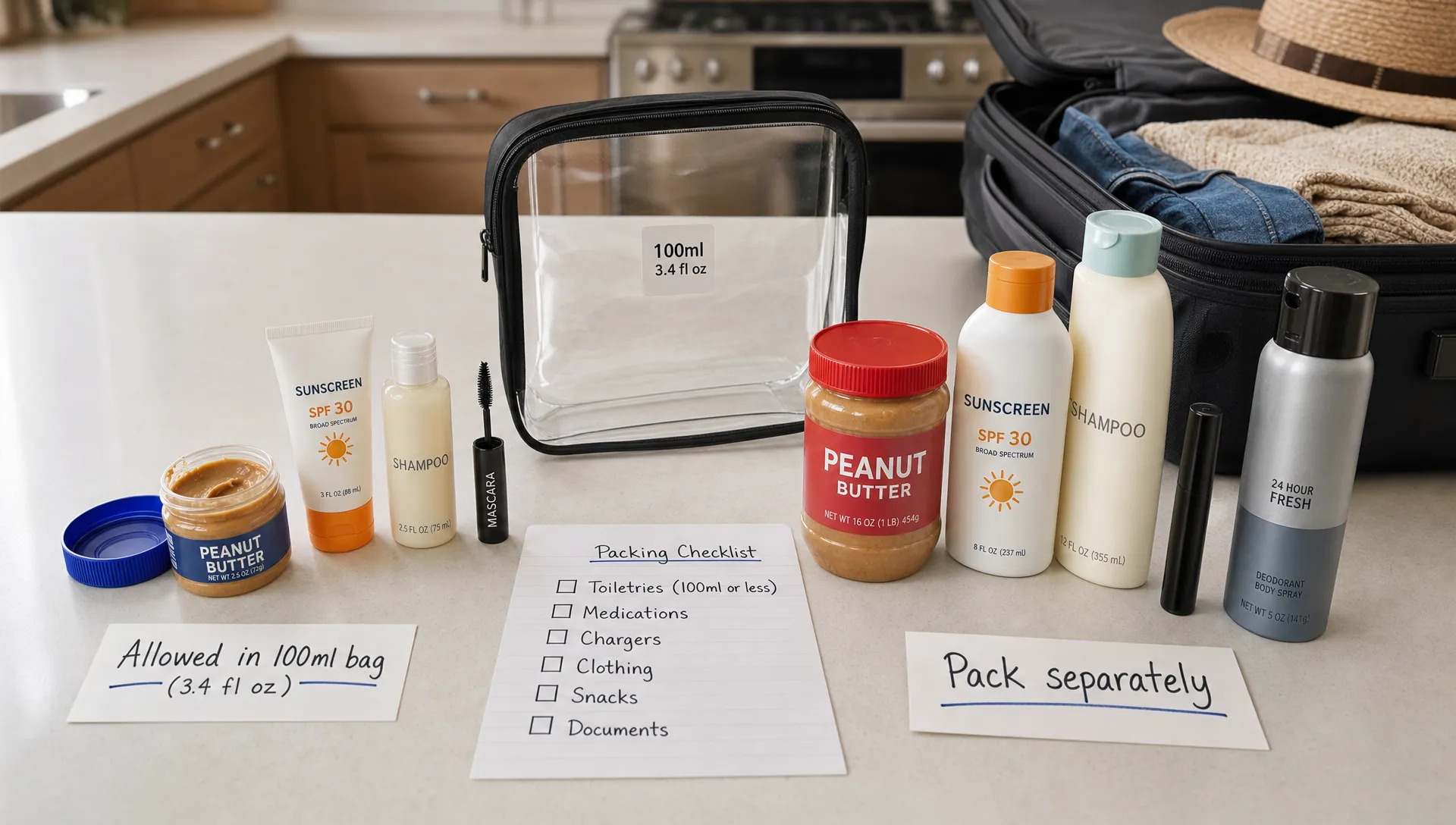 A landscape scene of a transparent 100ml travel toiletries bag on a clean kitchen counter beside open containers of peanut butter, sunscreen, shampoo, mascara, and a spray can, with a simple packing checklist and a suitcase partially open in the background. The arrangement should compare items that are allowed in small containers with larger containers that need to be packed separately, in a practical home packing setting with no airport signage or screens visible.