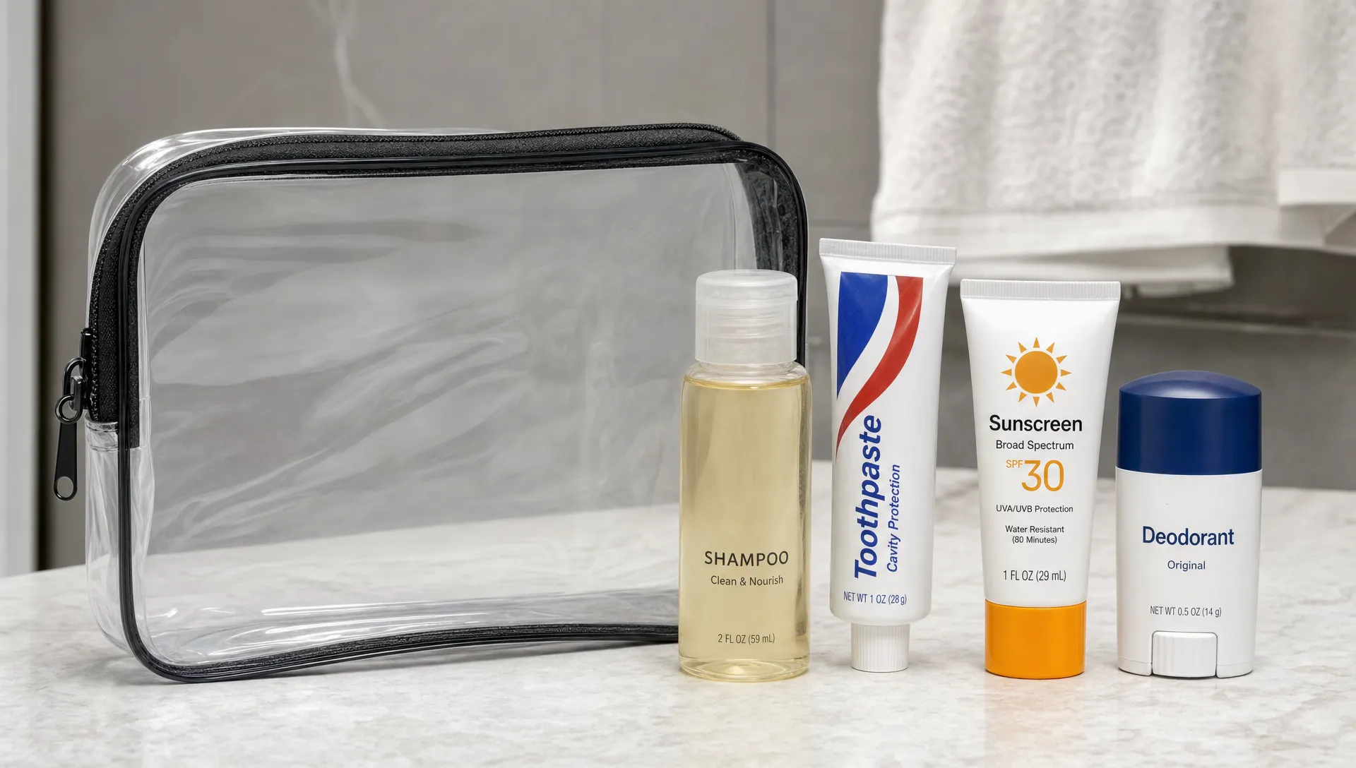 A clear resealable toiletry bag beside travel-size shampoo, toothpaste, sunscreen and deodorant, showing the toiletries grouped for airport security.