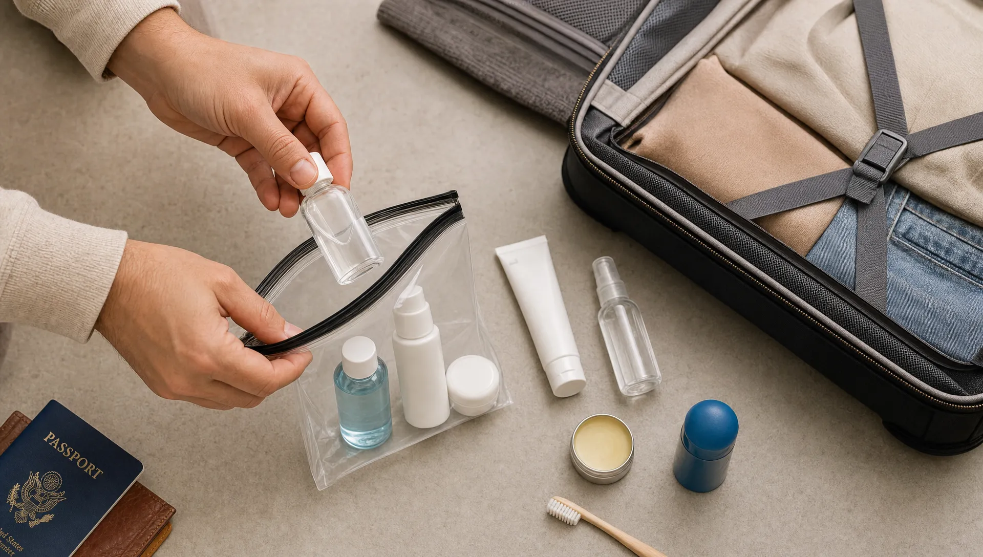 Hands pack travel toiletries into a clear liquids bag beside an open carry-on.