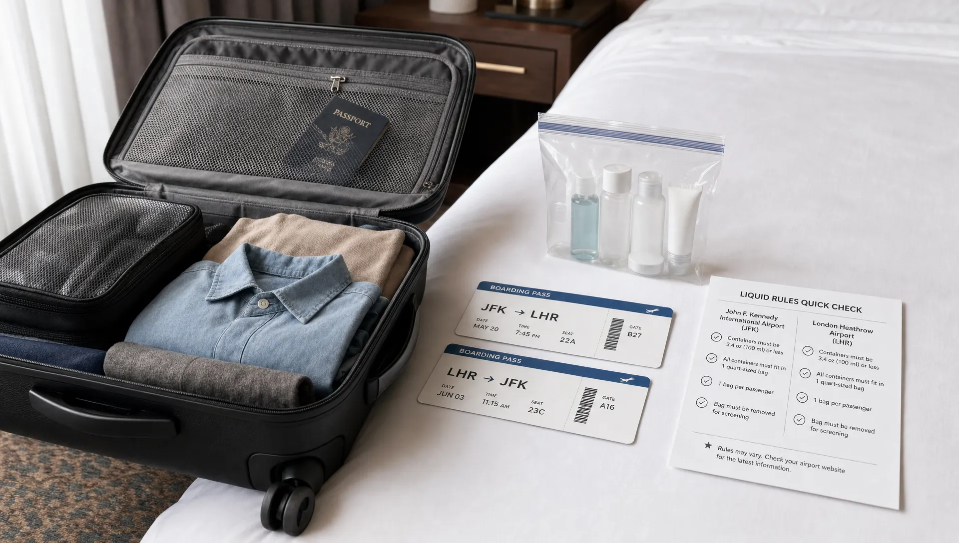 An open carry-on suitcase beside a hotel bed with travel-size toiletries, a clear resealable liquids bag, two boarding passes for outbound and return flights, and a small paper checklist comparing liquid rules for each airport.