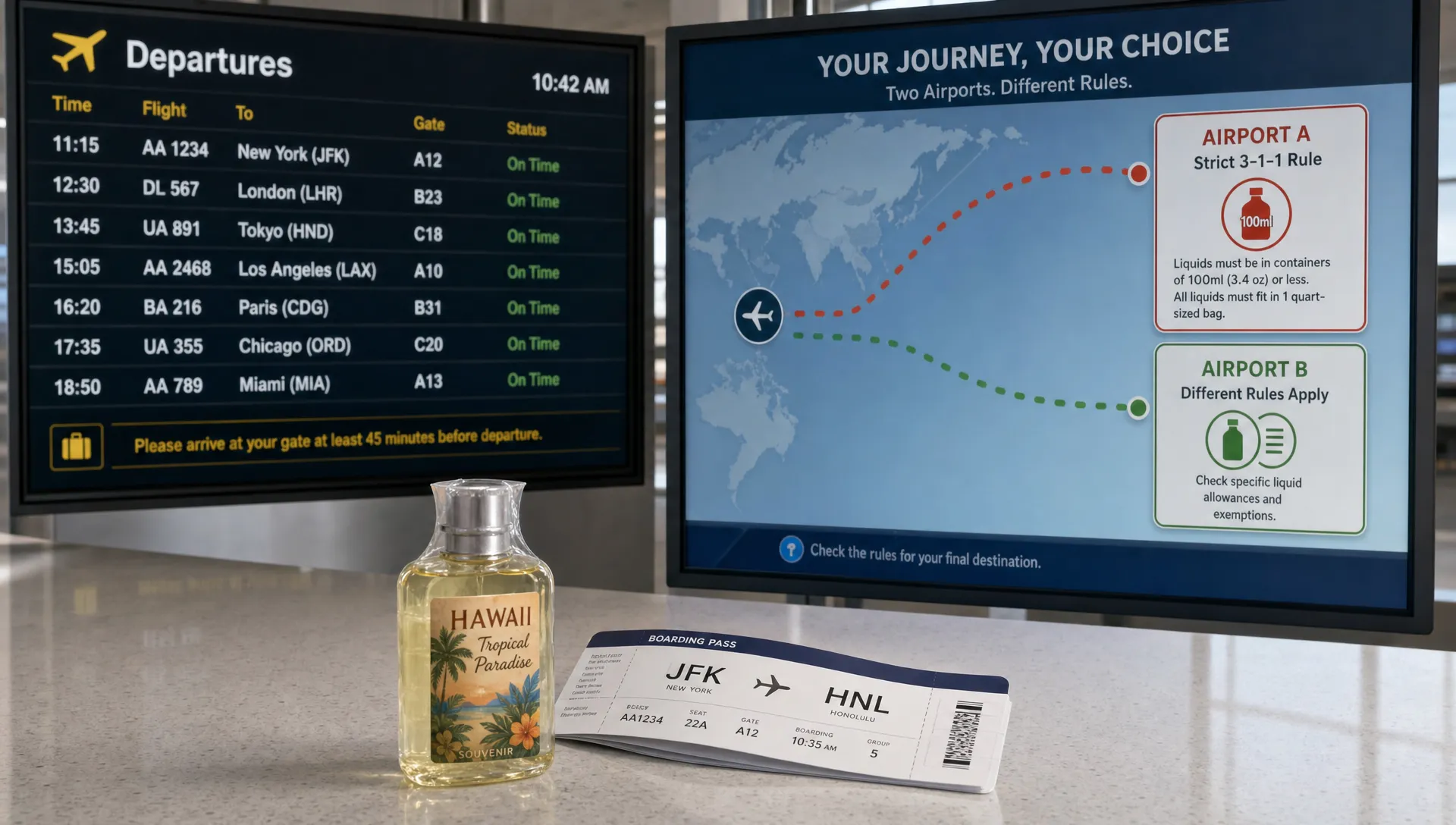 A landscape scene of a split-journey concept on an airport departure board and route map mounted side by side, with one itinerary arrow leading to a strict checkpoint marked by a small 100ml bottle icon and the other arrow leading to a different airport rule card. In the foreground, a single sealed souvenir liquid item and a folded boarding pass sit on a clean counter, making the image feel like a route decision about which airport rule controls the trip. No dominant person in the frame.