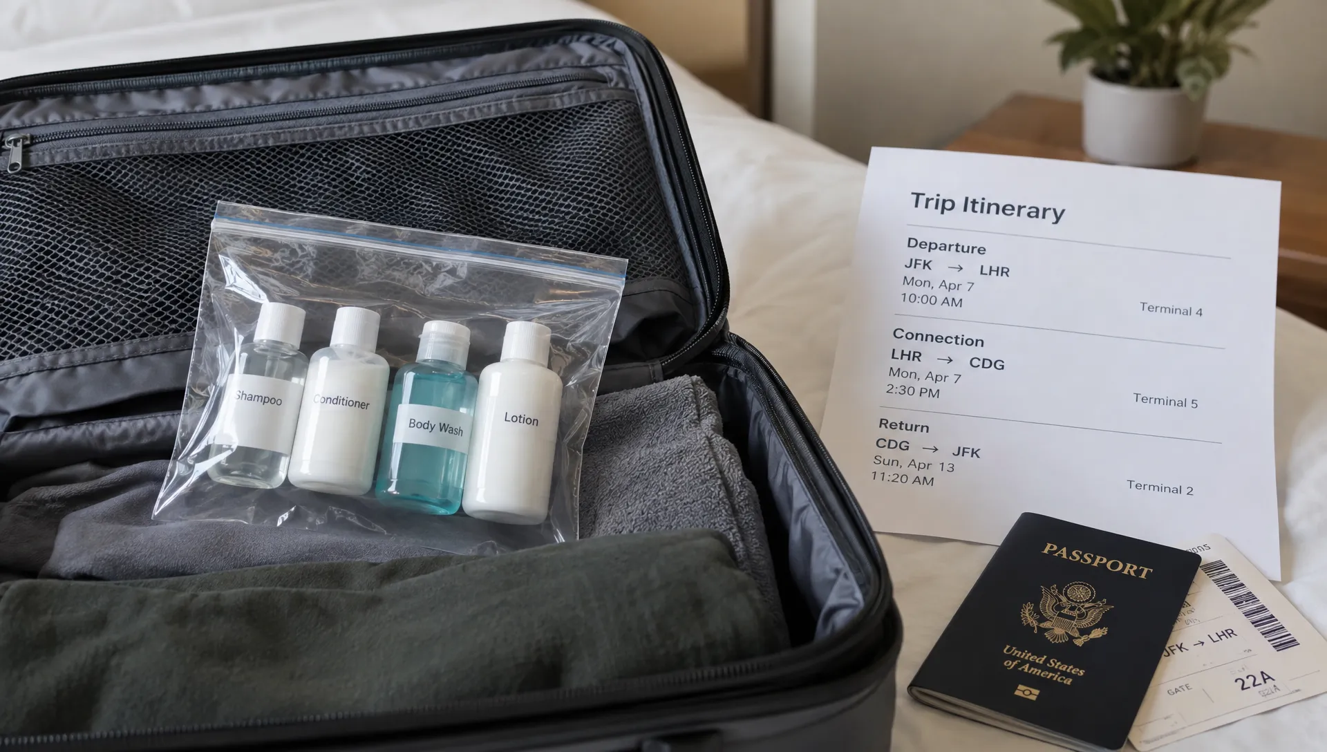 An open carry-on holds small labeled toiletry bottles and a clear resealable liquids bag, with an itinerary listing departure, connection and return checkpoints.