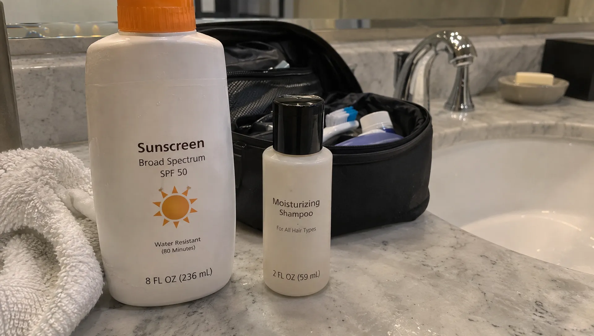 A full-size sunscreen bottle and a smaller travel bottle sit beside an open toiletry case, illustrating why container capacity matters for carry-on liquid rules.