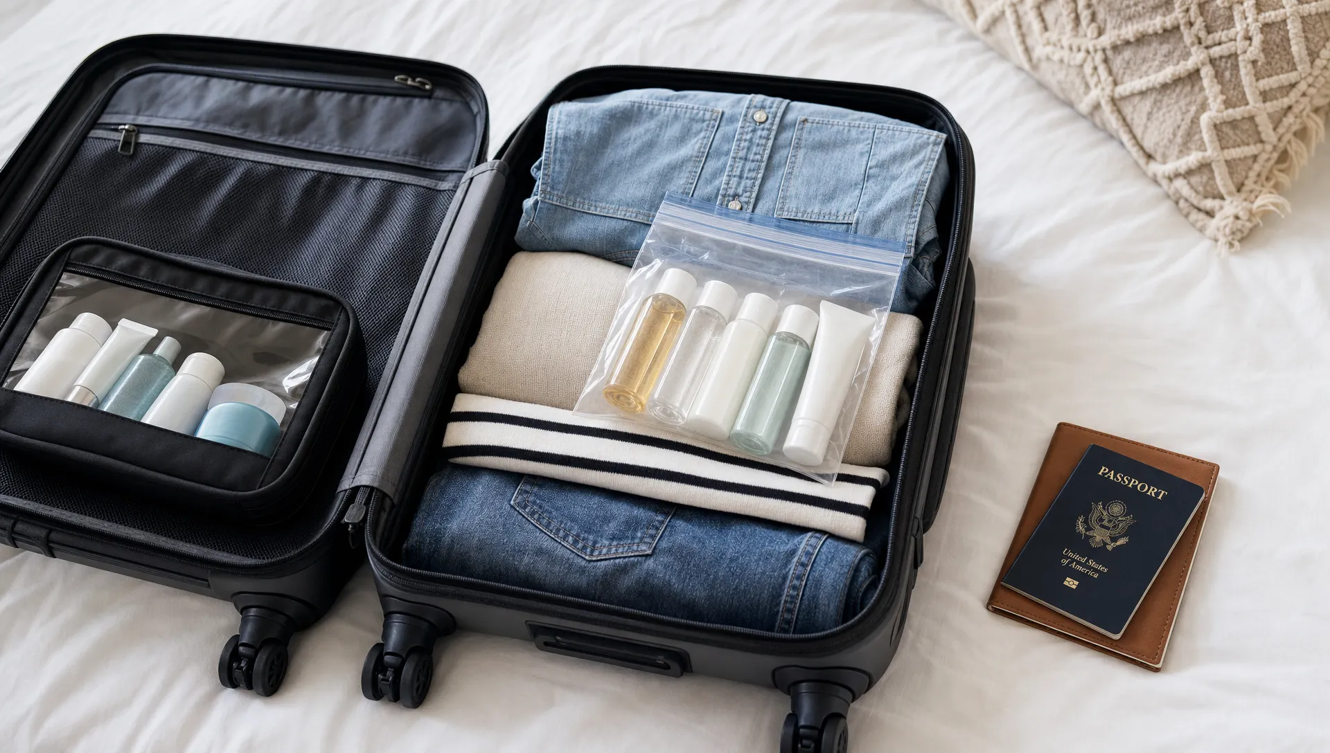 An open carry-on suitcase on a bed with a clear resealable bag holding small 100ml toiletry bottles, a separate pouch for checked liquids, folded clothes, and a passport nearby.