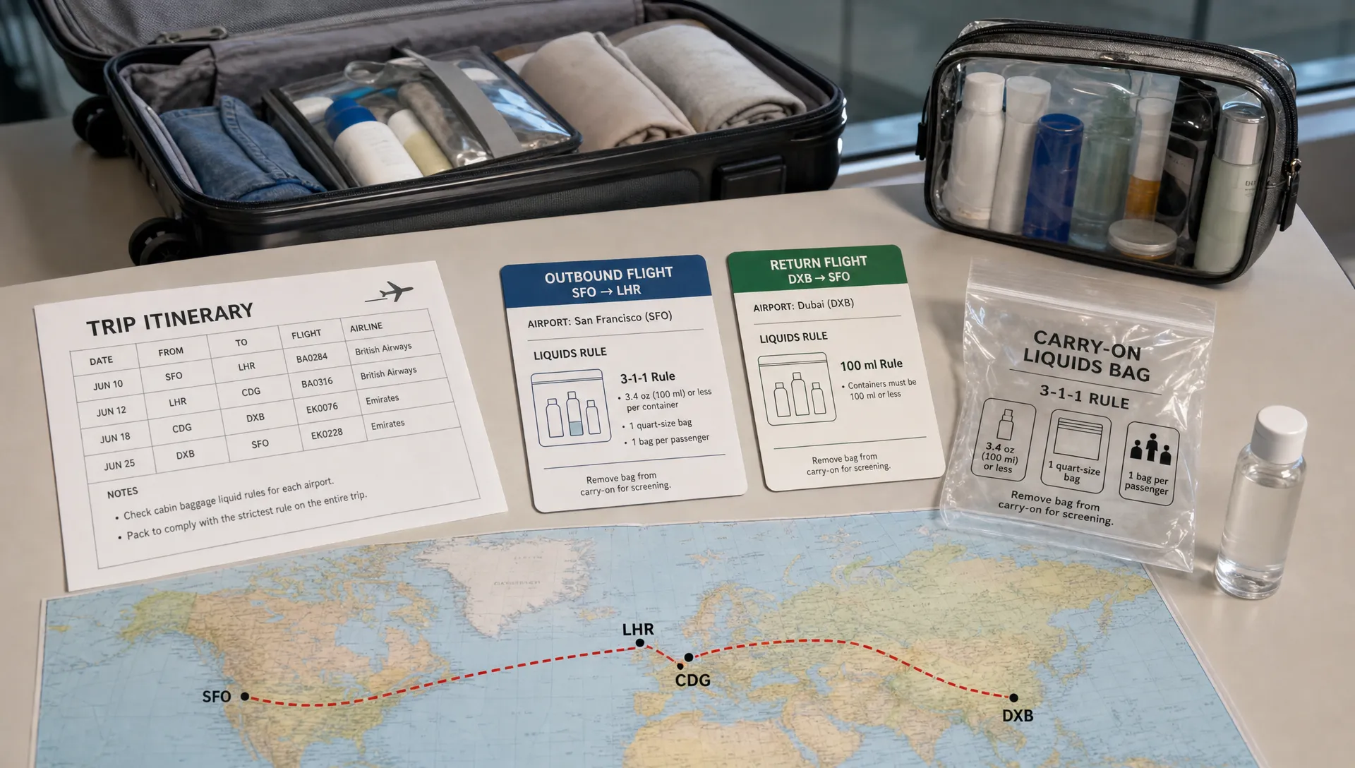 A landscape scene of a passport control style desk with a large printed itinerary, two airport rule cards for outbound and return flights, and a clear liquids bag placed beside a single small travel bottle. A suitcase sits open in the background with one larger toiletry pouch set apart, and a route map spread across the desk suggests comparing different airports and packing for the strictest cabin liquid rule on the whole trip. No dominant person in the frame.