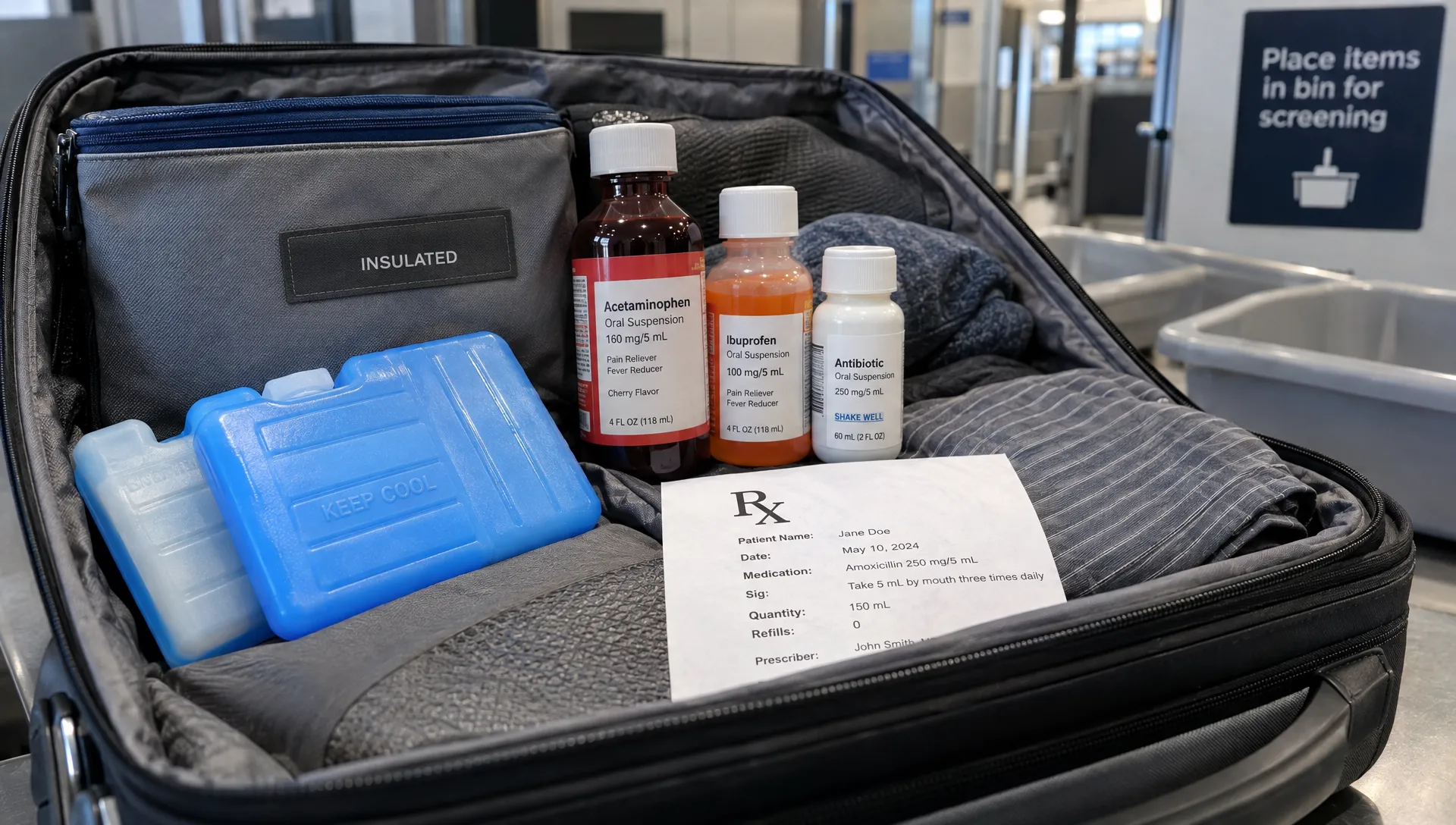 Labeled liquid medicines, an insulated pouch, reusable cooling packs and a prescription rest together inside an open carry-on for airport screening.
