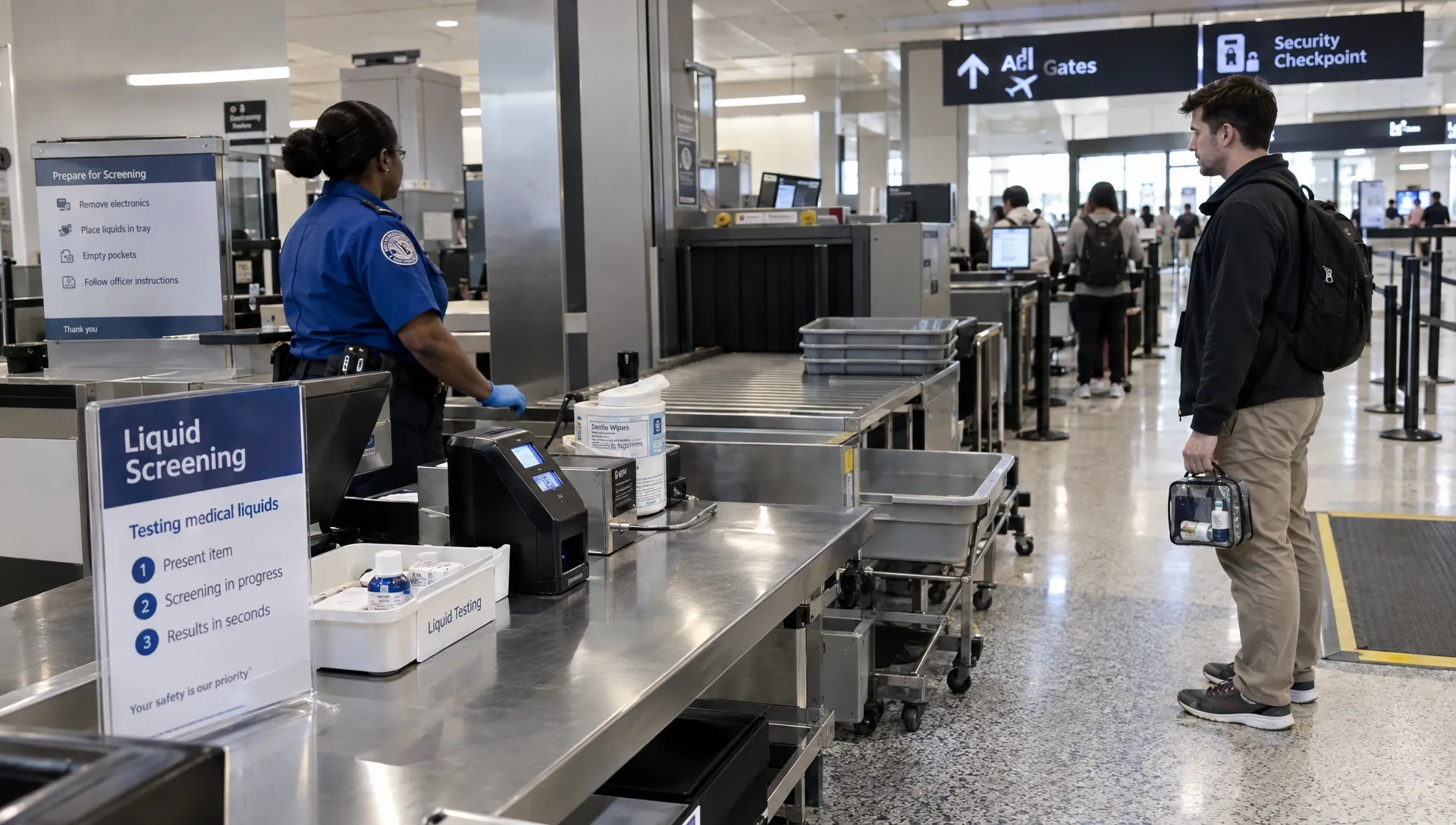 An airport security officer works beside inspection equipment as a traveler waits with a medical pouch for liquid-medicine screening.