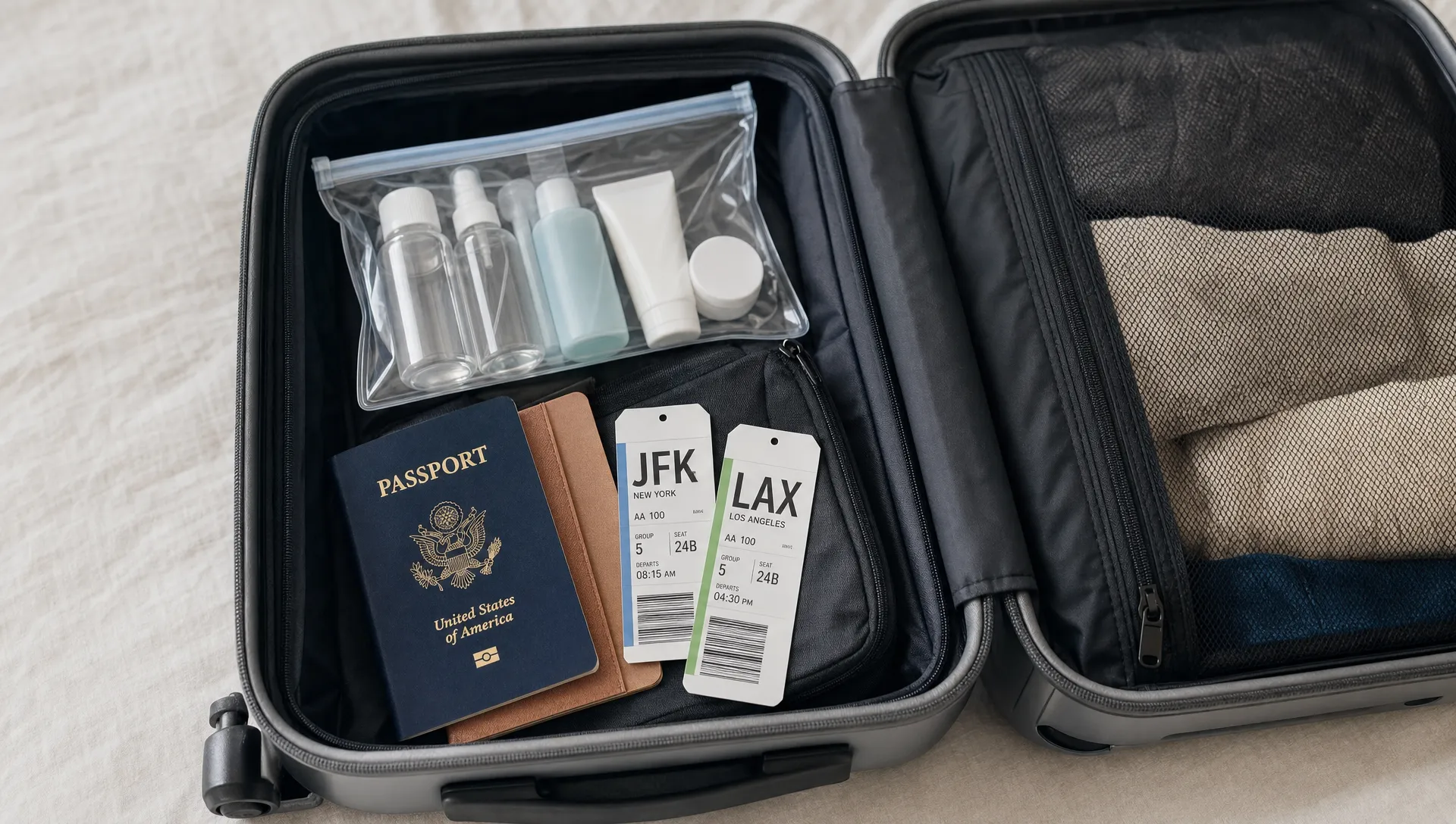 An open carry-on suitcase holds small toiletry bottles, a clear liquids bag, travel documents and two airport tags for outbound and return flights.