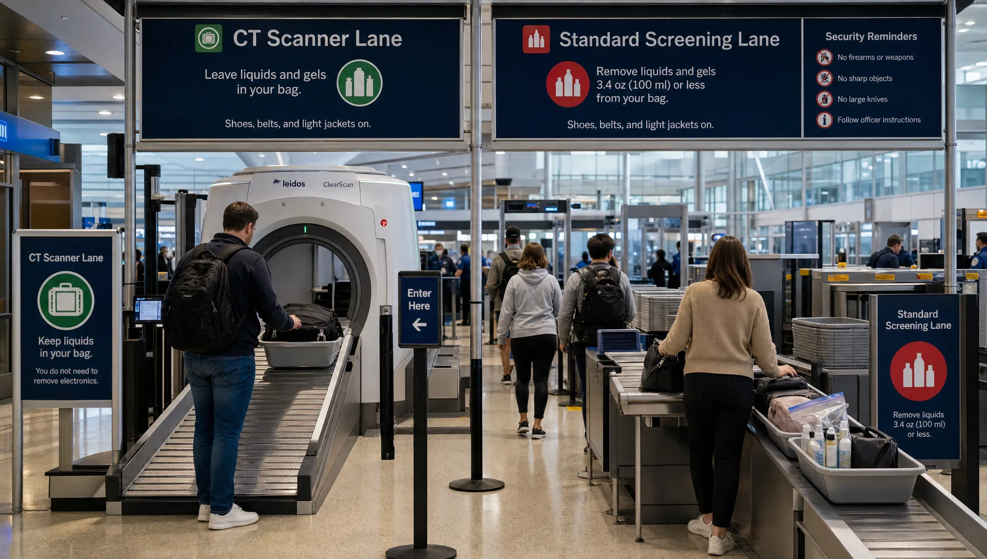 An airport security checkpoint shows different liquid screening lanes and rule signs for cabin bags.