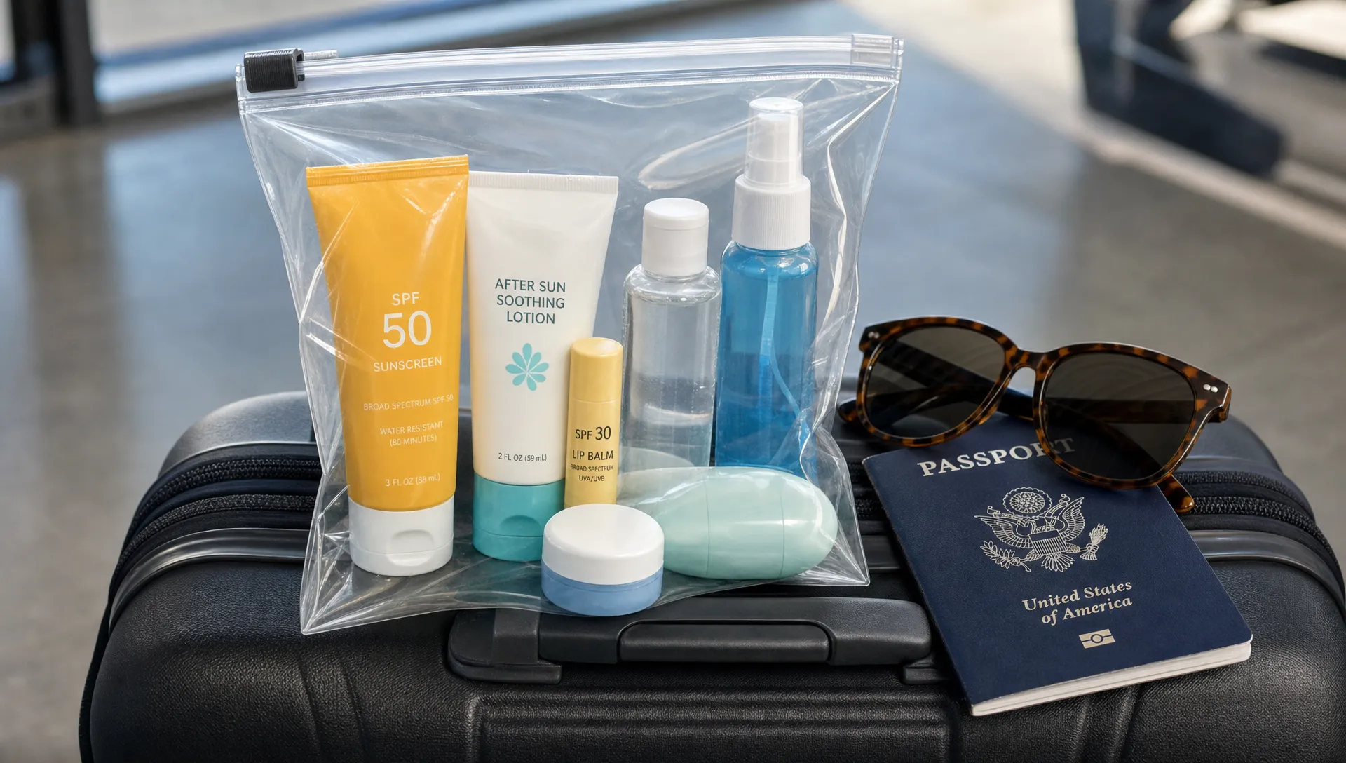 A clear airport liquids bag on a suitcase with sunscreen tubes, lip balm with SPF, toiletries, sunglasses and a passport beside it.
