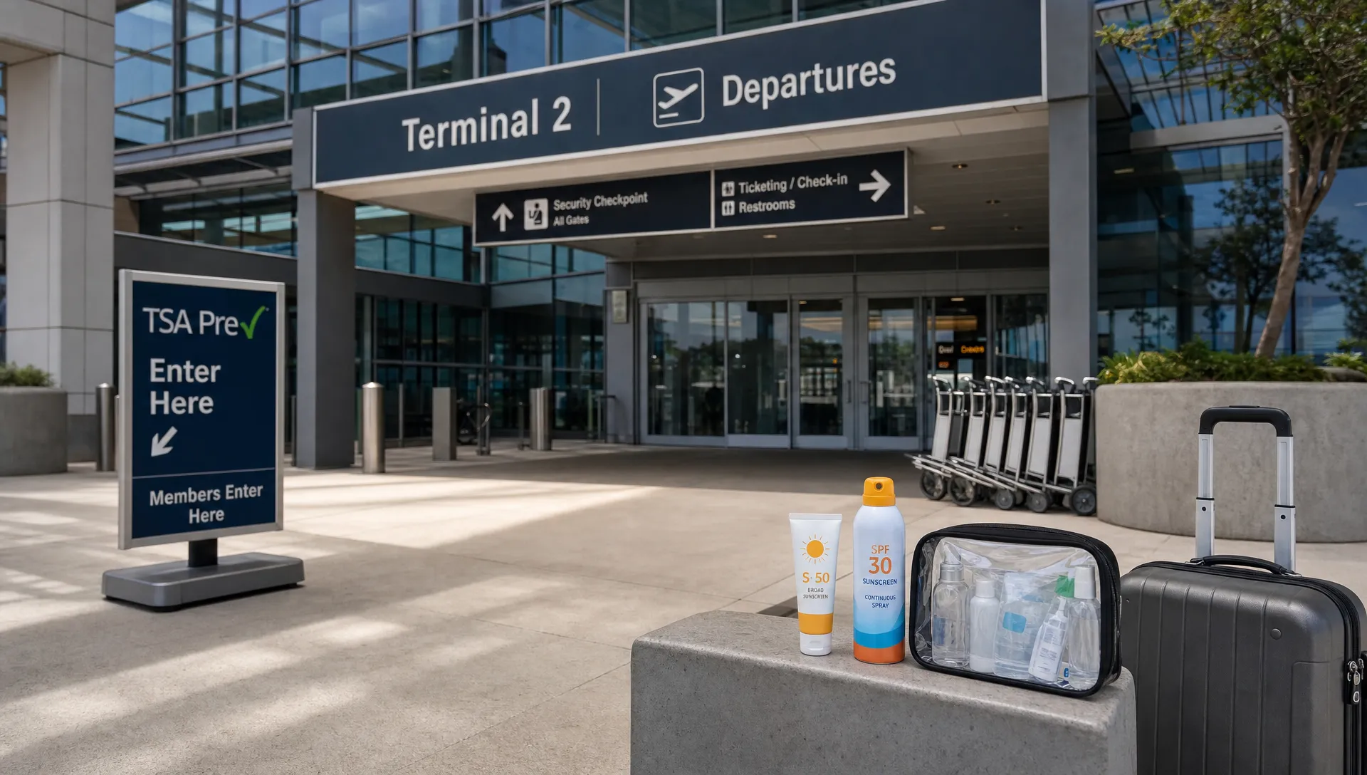 Airport terminal signs appear behind sunscreen items packed for carry-on travel.