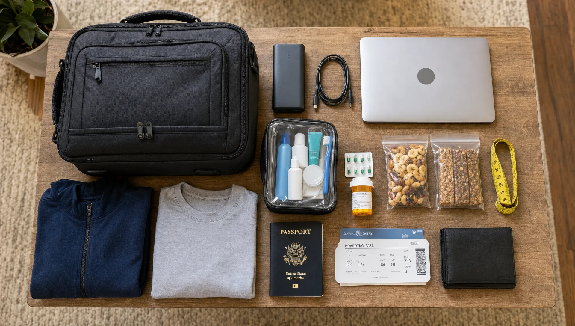 A neatly organized hand luggage packing layout on a table with a carry-on bag, a power bank, a laptop, a clear toiletries bag, prescription medicine, snacks, a measuring tape, and travel documents arranged for airport security checks, seen from above in a home packing area.